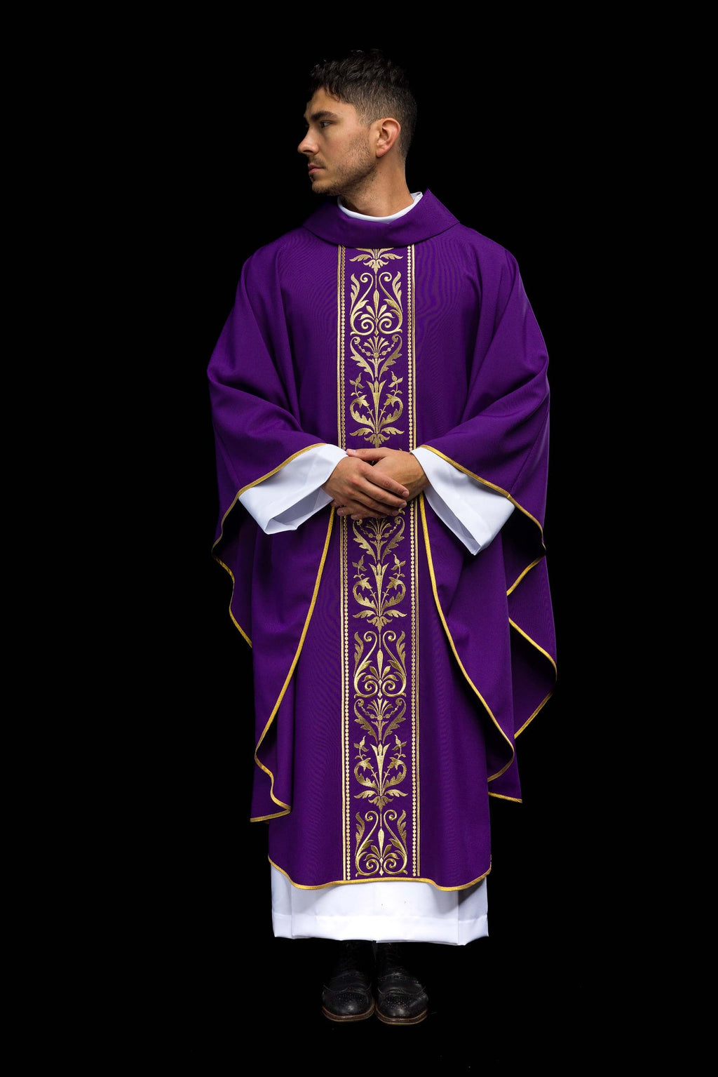 Purple liturgical chasuble decorated with gold embroidered belt