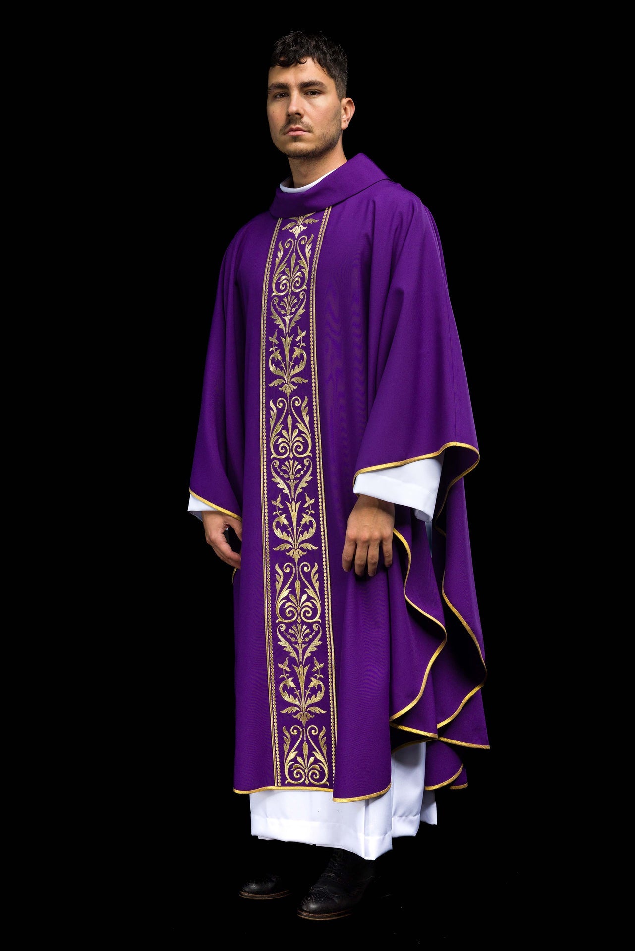 Purple liturgical chasuble decorated with gold embroidered belt