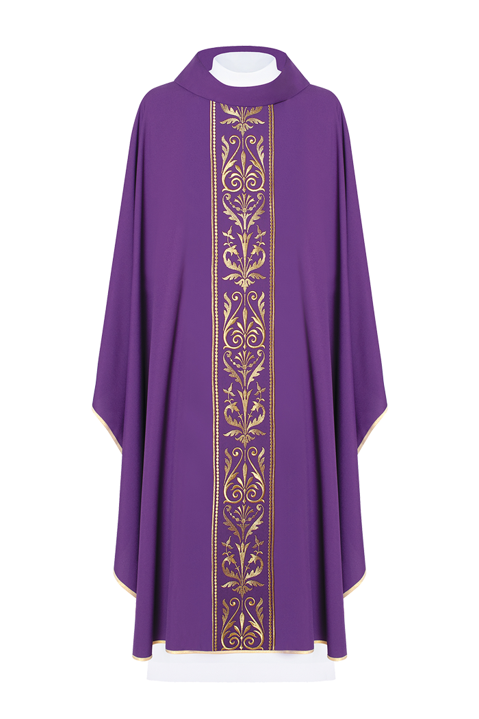 Purple liturgical chasuble decorated with gold embroidered belt