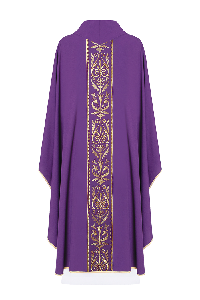 Purple liturgical chasuble decorated with gold embroidered belt