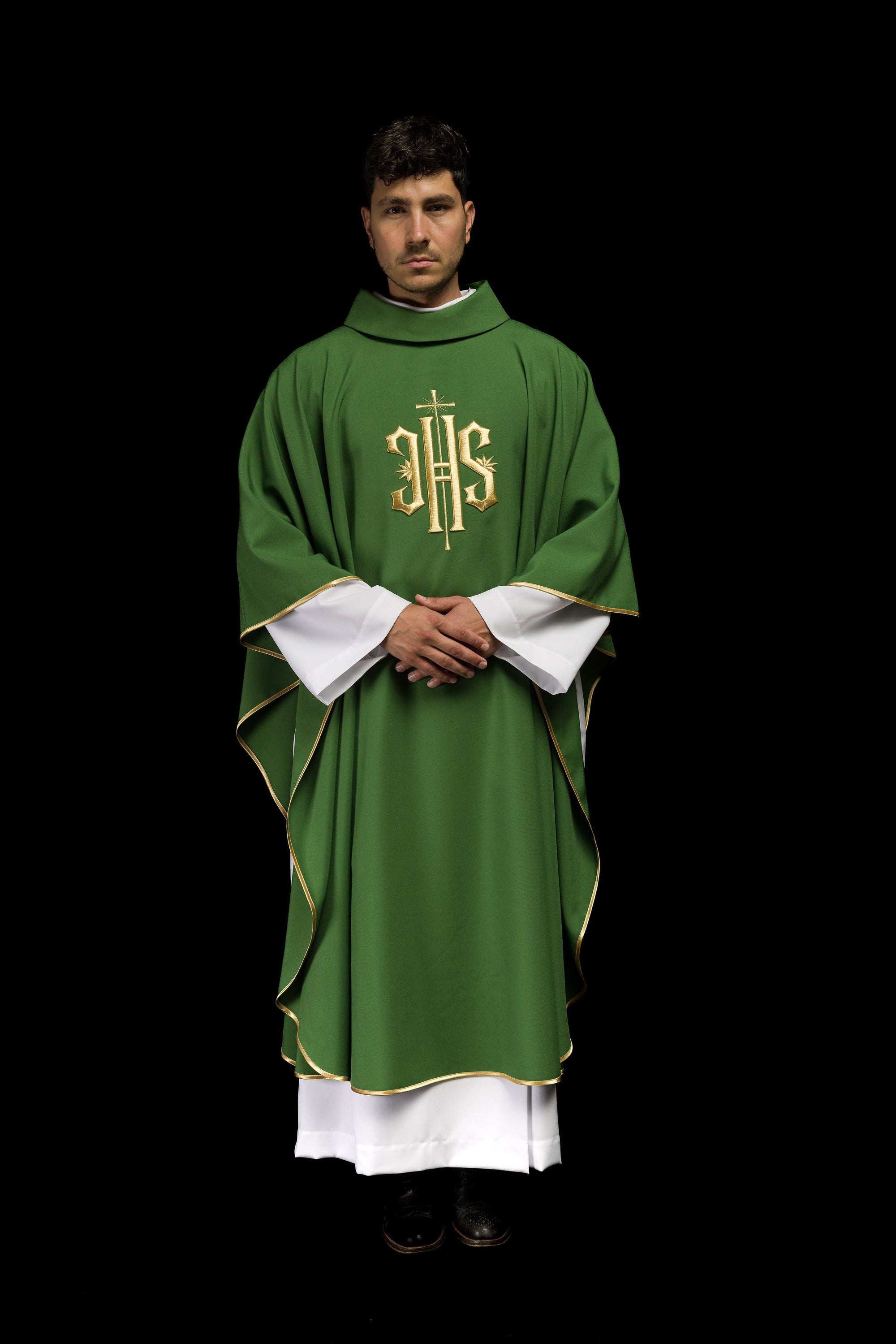 Green embroidered chasuble with gold IHS motif