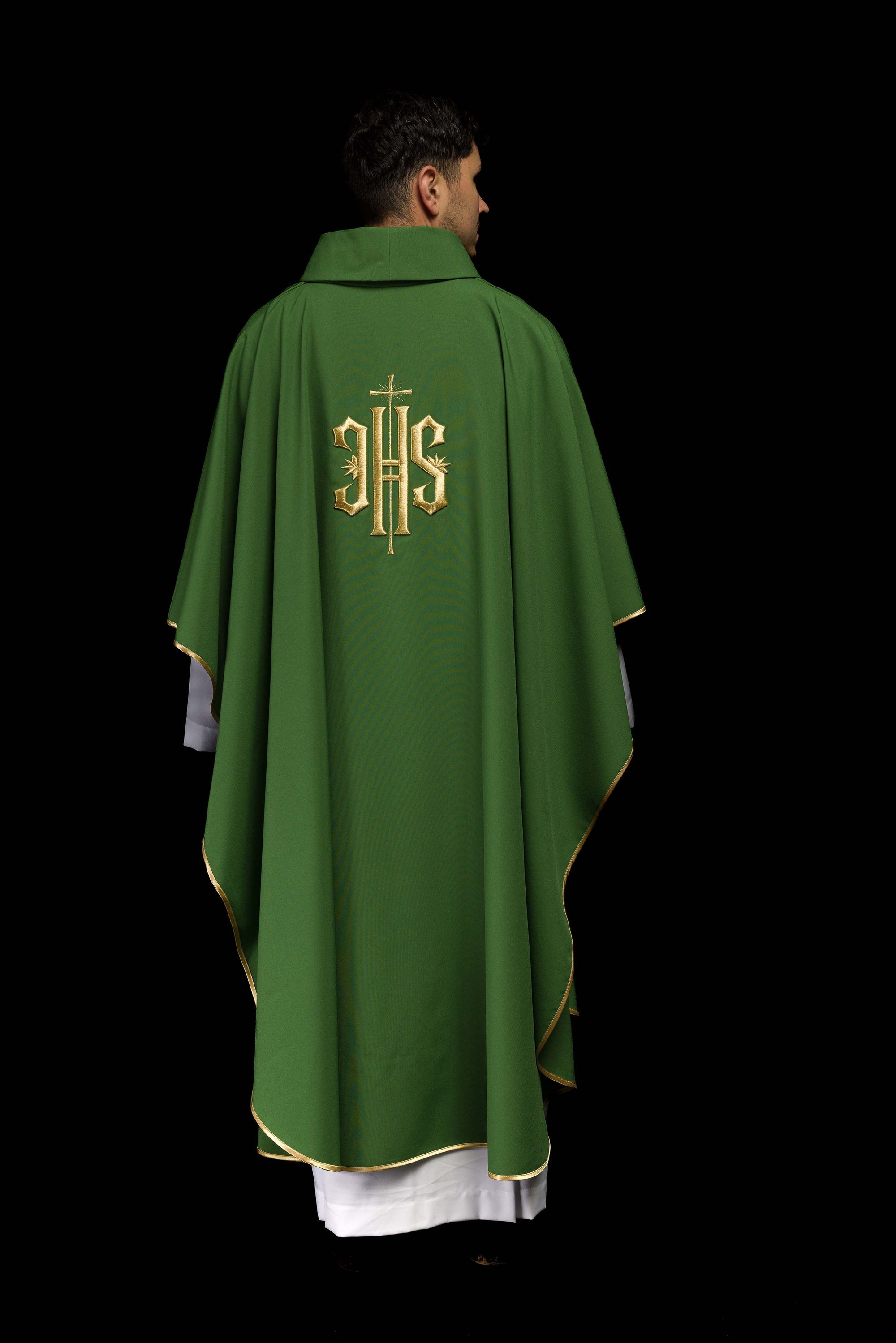 Green embroidered chasuble with gold IHS motif