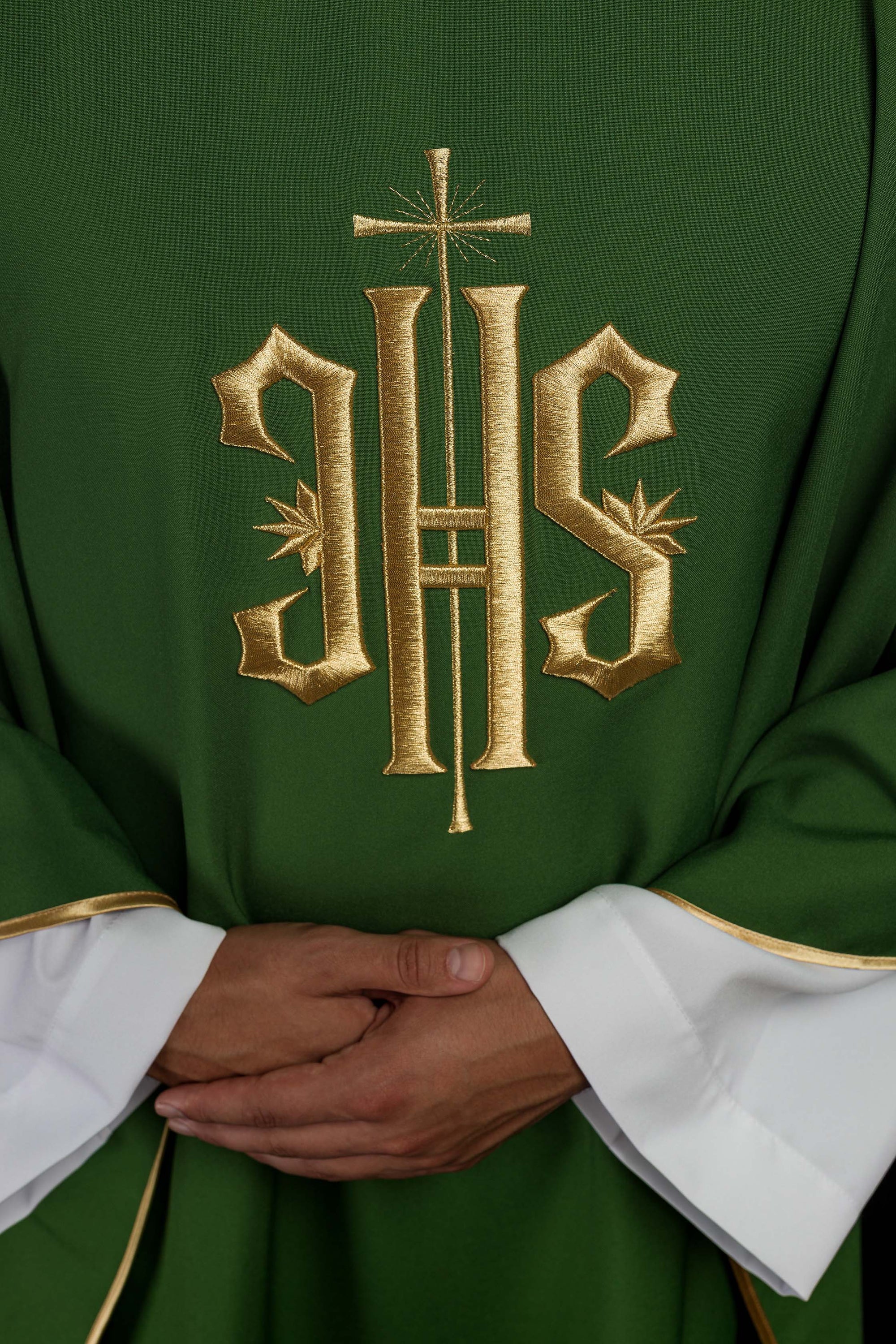 Green embroidered chasuble with gold IHS motif