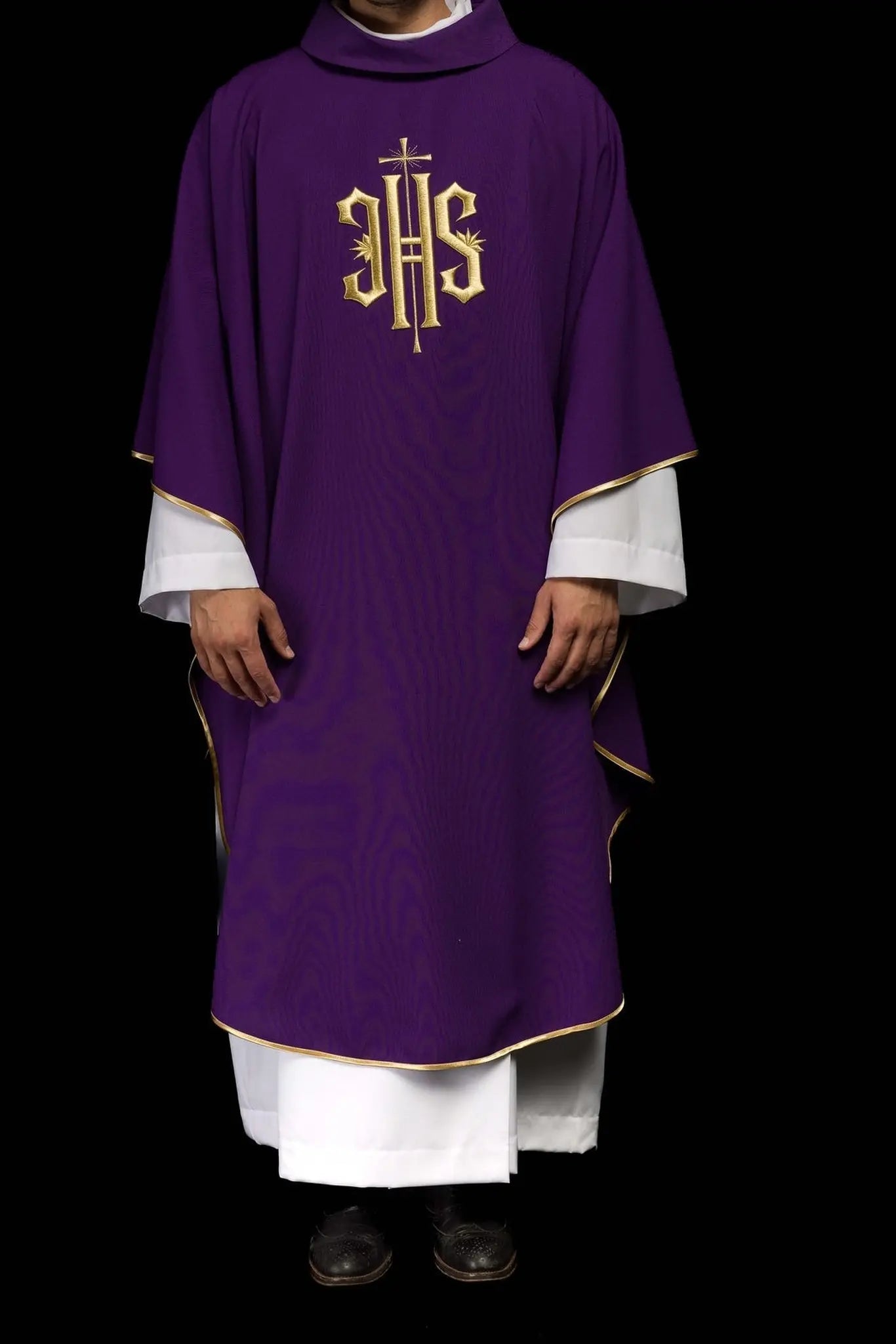 Purple embroidered chasuble with gold IHS motif