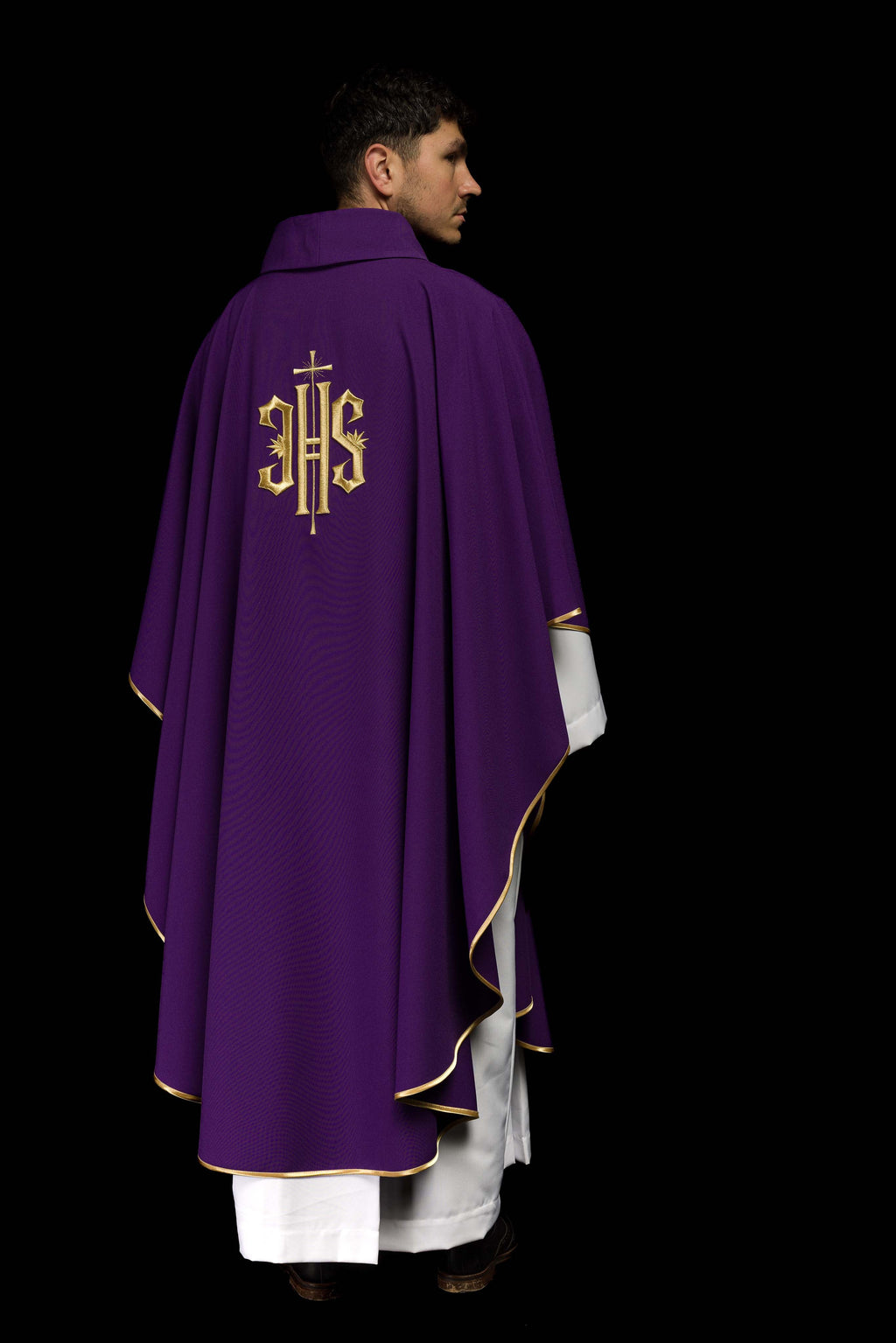 Purple embroidered chasuble with gold IHS motif