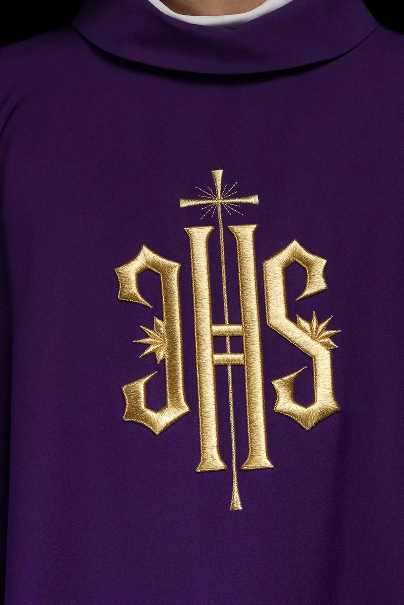 Purple embroidered chasuble with gold IHS motif