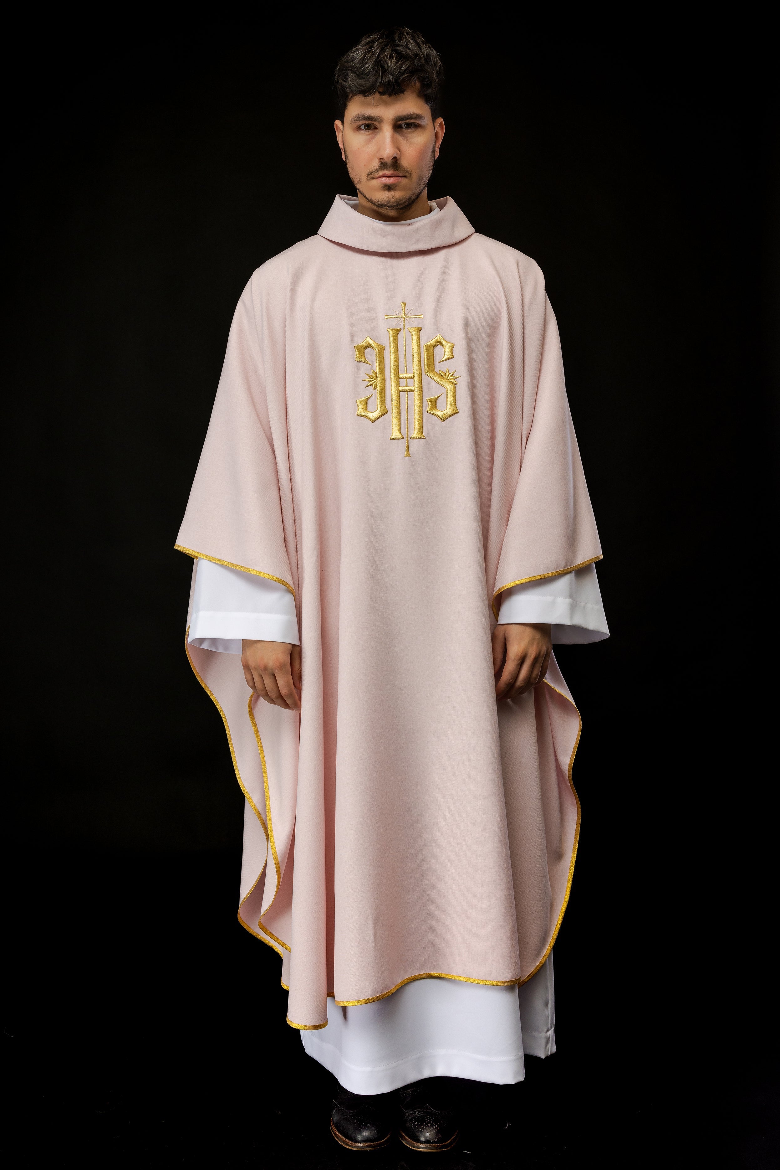 Embroidered chasuble with IHS design in pink