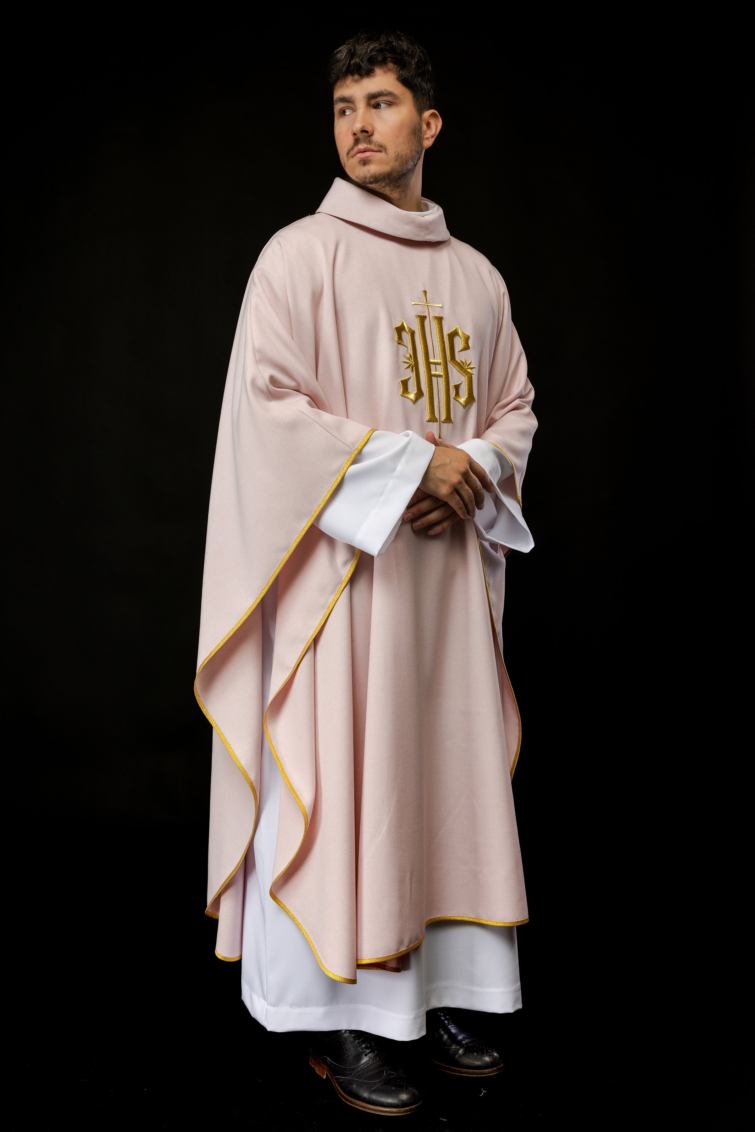 Embroidered chasuble with IHS design in pink