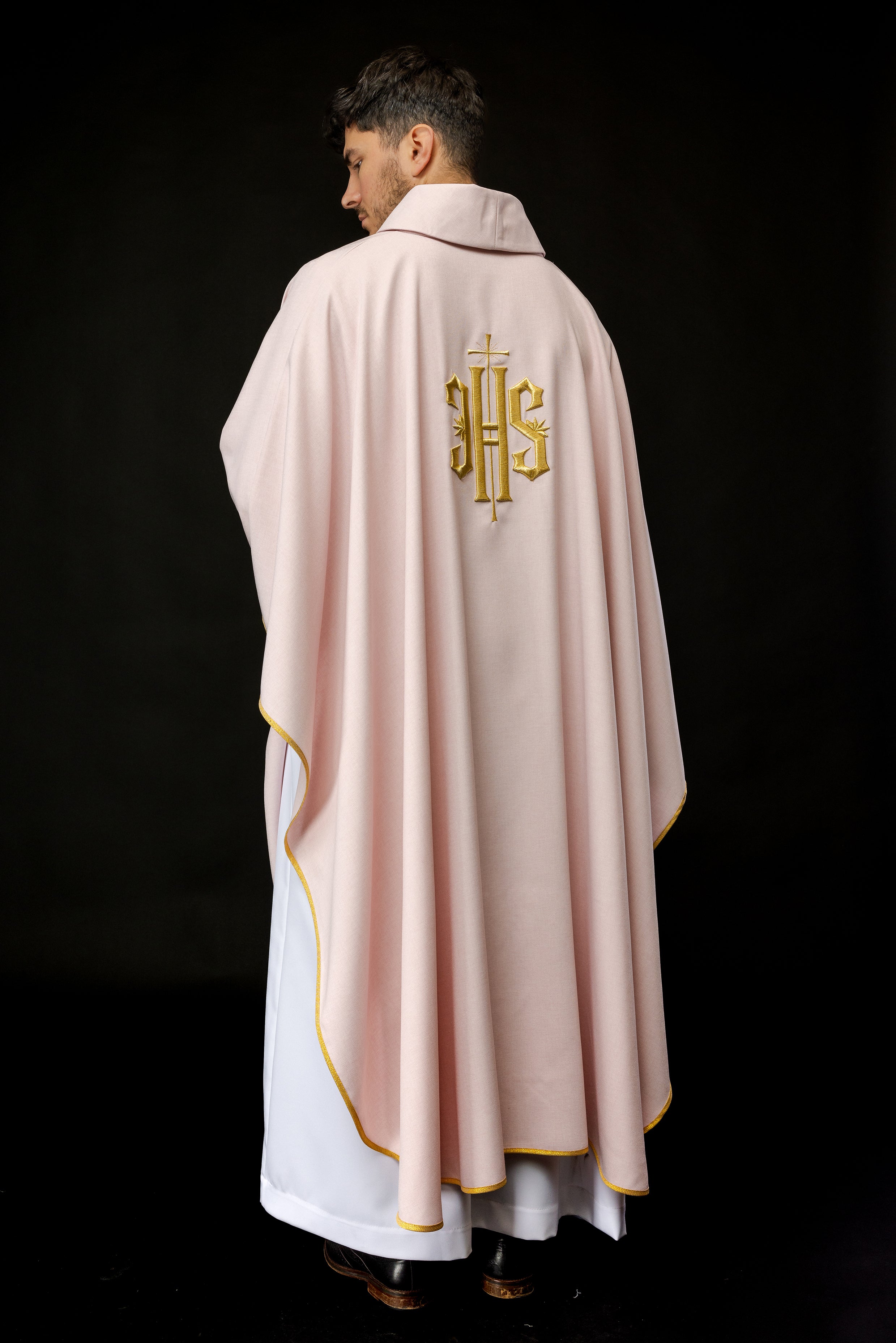 Embroidered chasuble with IHS design in pink