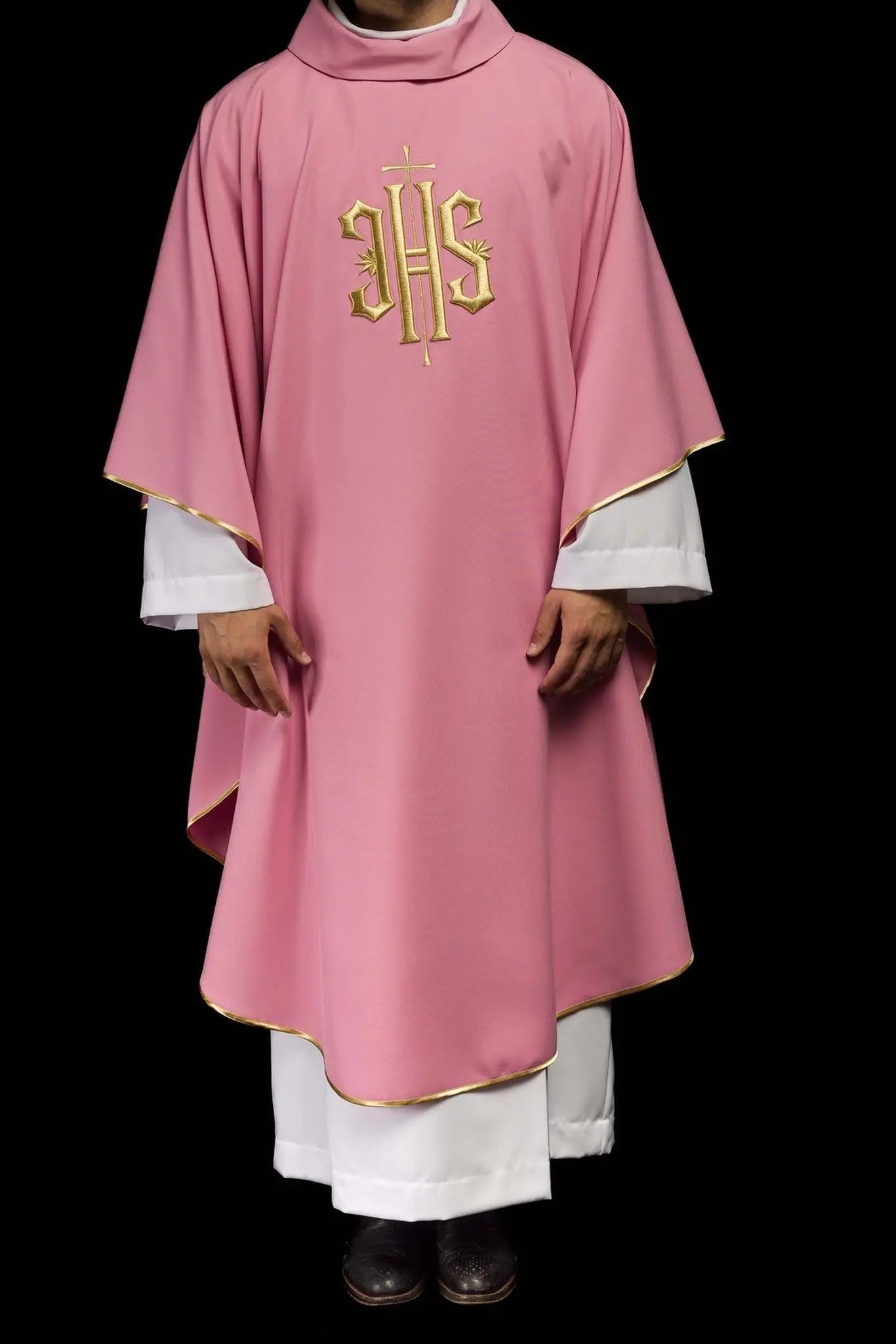 Embroidered chasuble with IHS design in pink