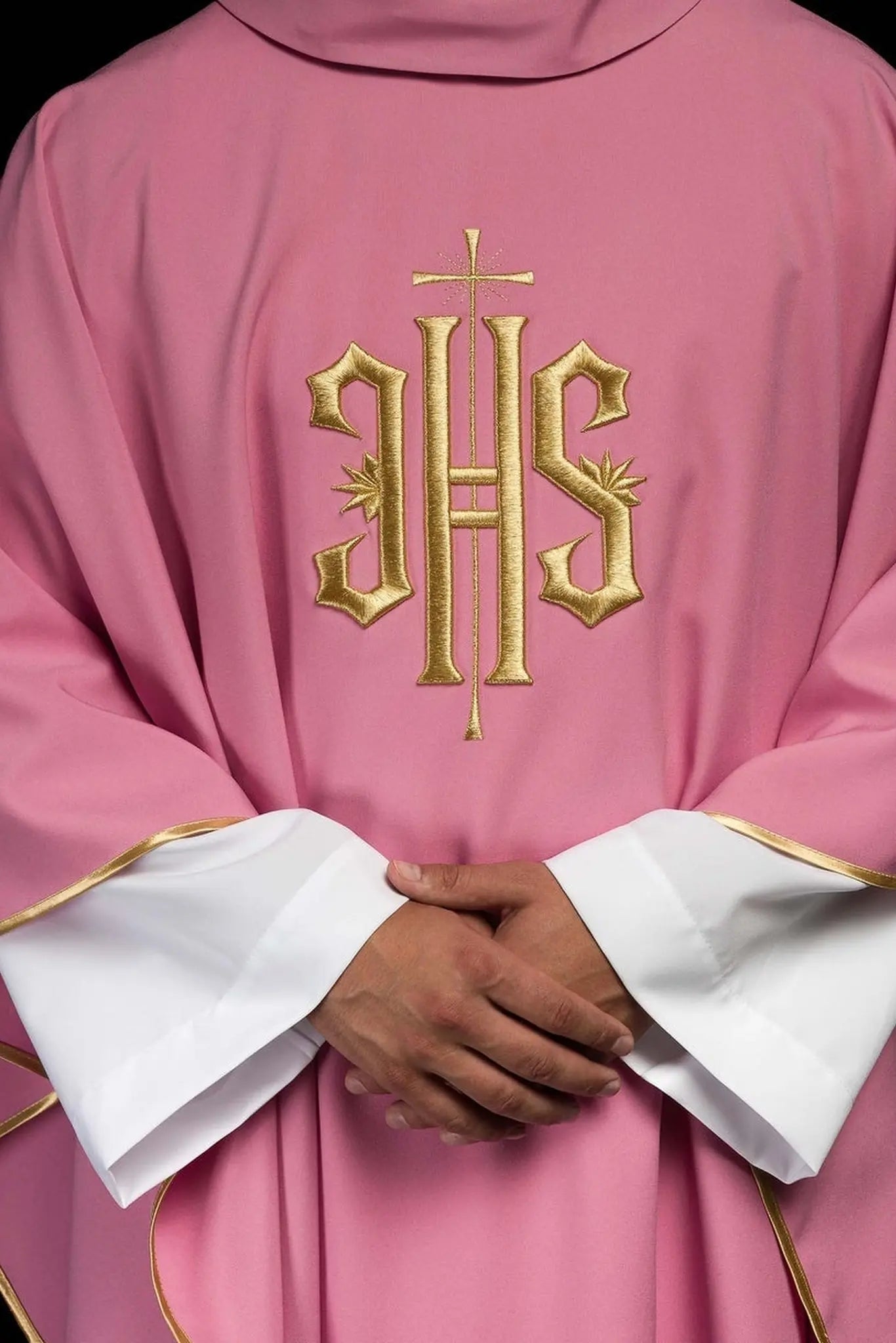 Embroidered chasuble with IHS design in pink