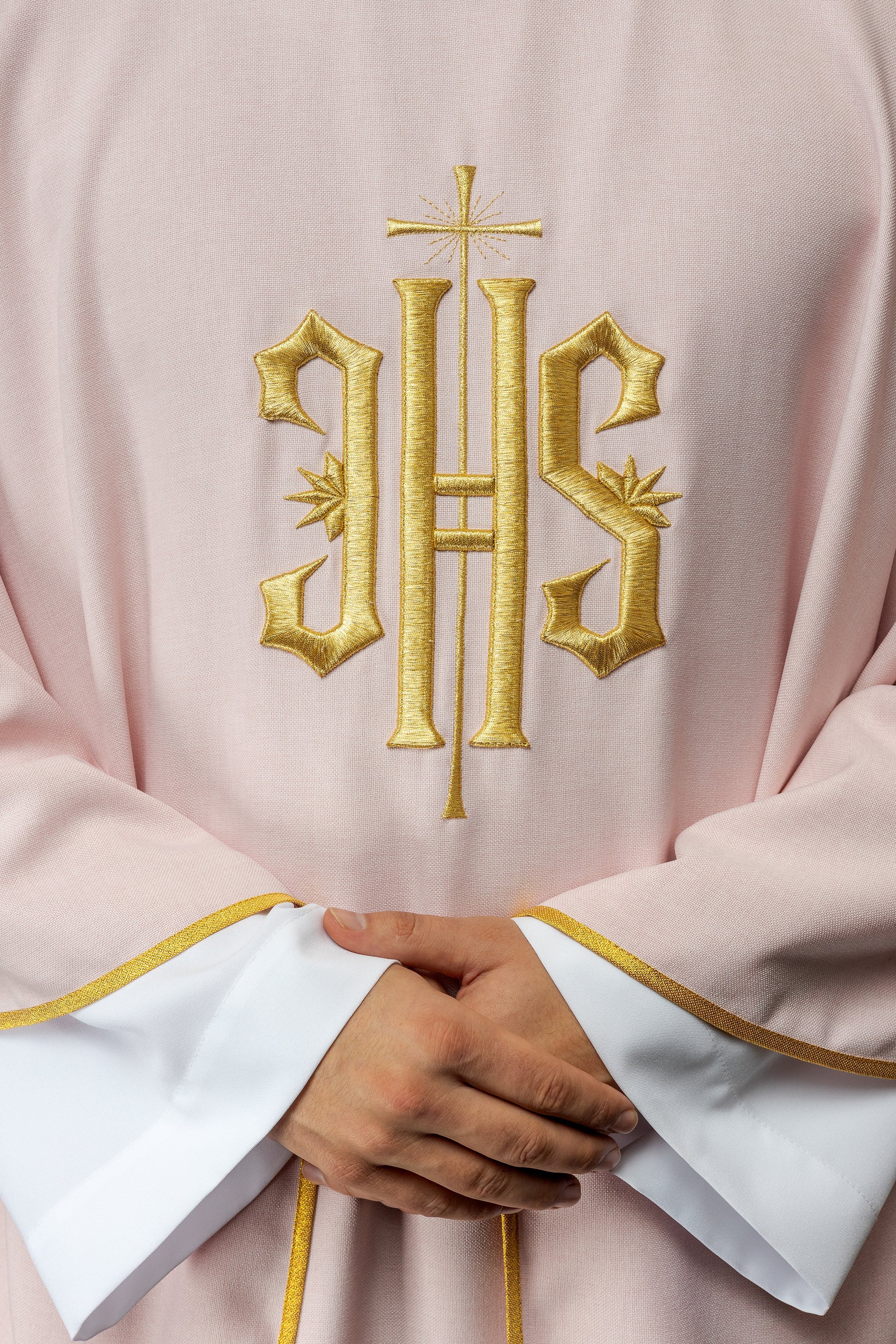 Embroidered chasuble with IHS design in pink