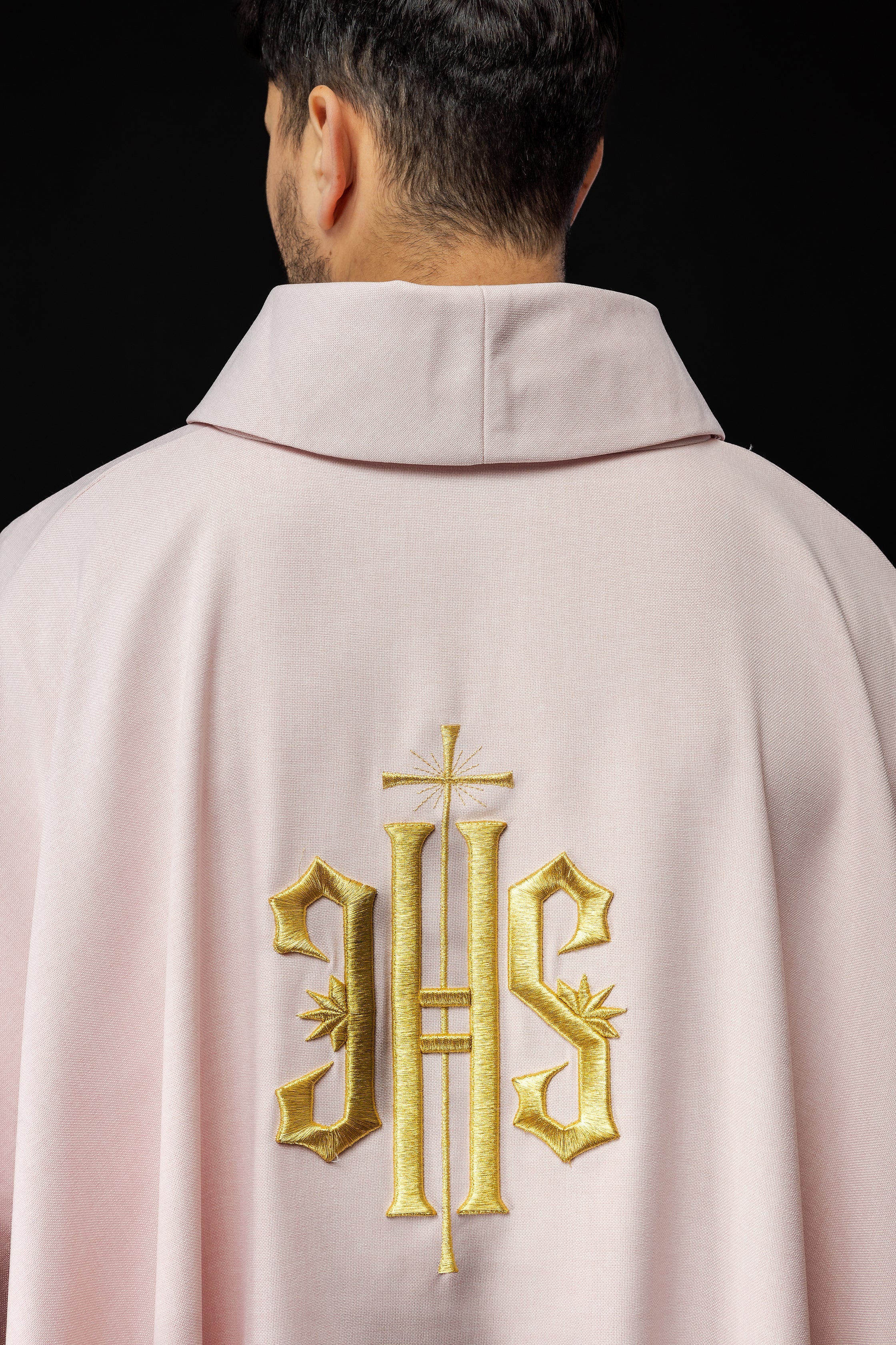 Embroidered chasuble with IHS design in pink