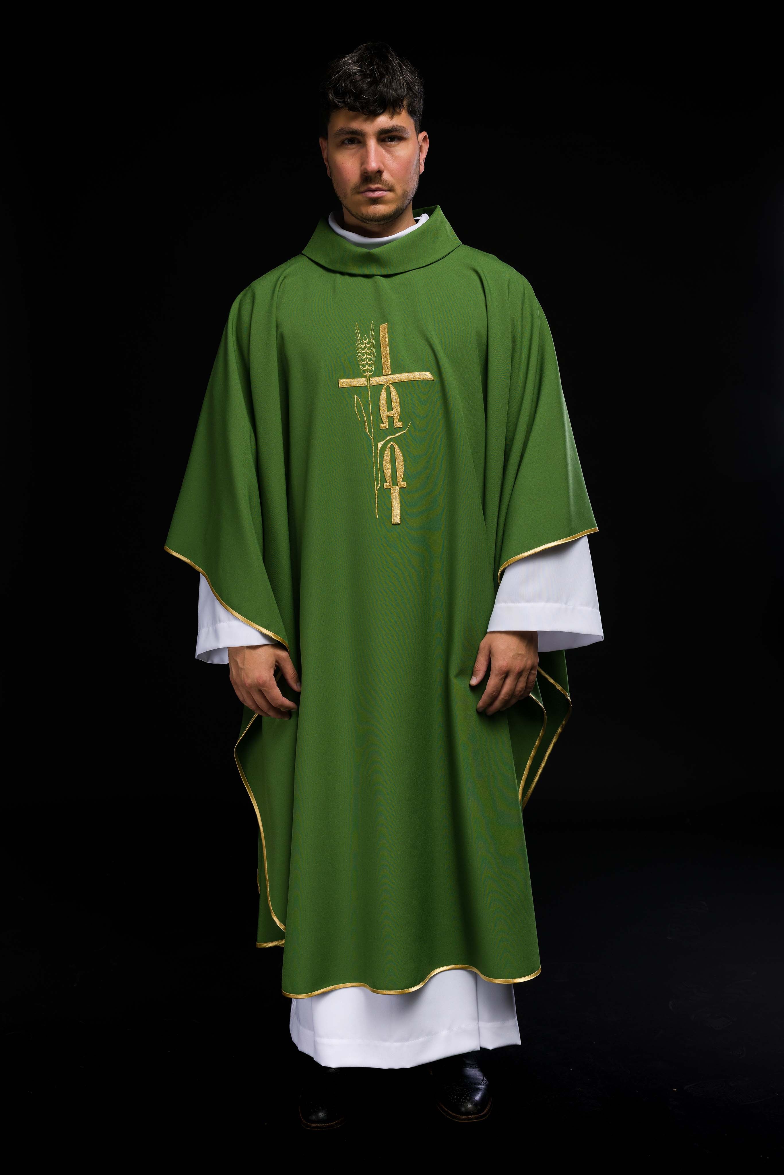 Green chasuble with Alpha Omega embroidery