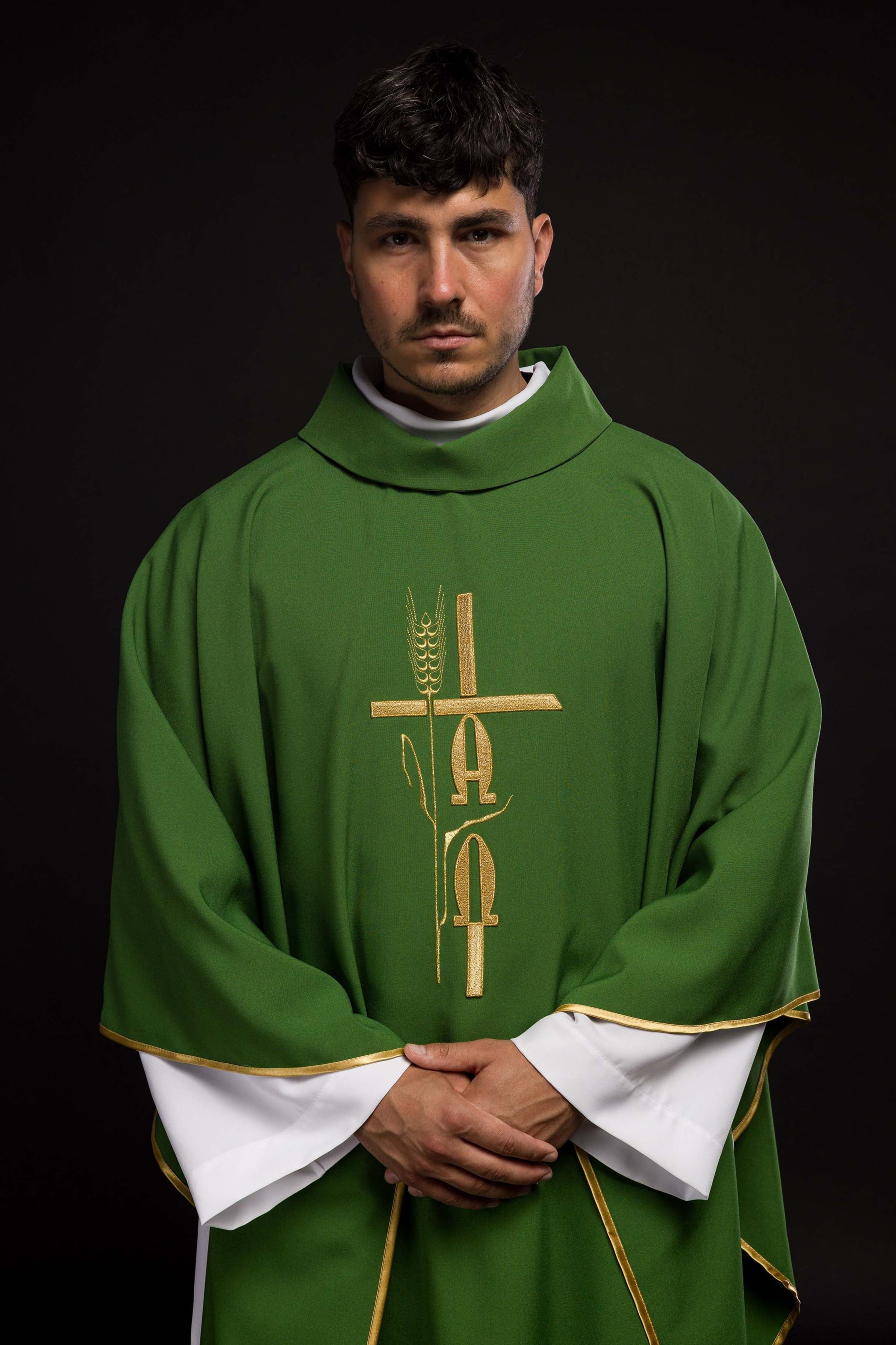 Green chasuble with Alpha Omega embroidery