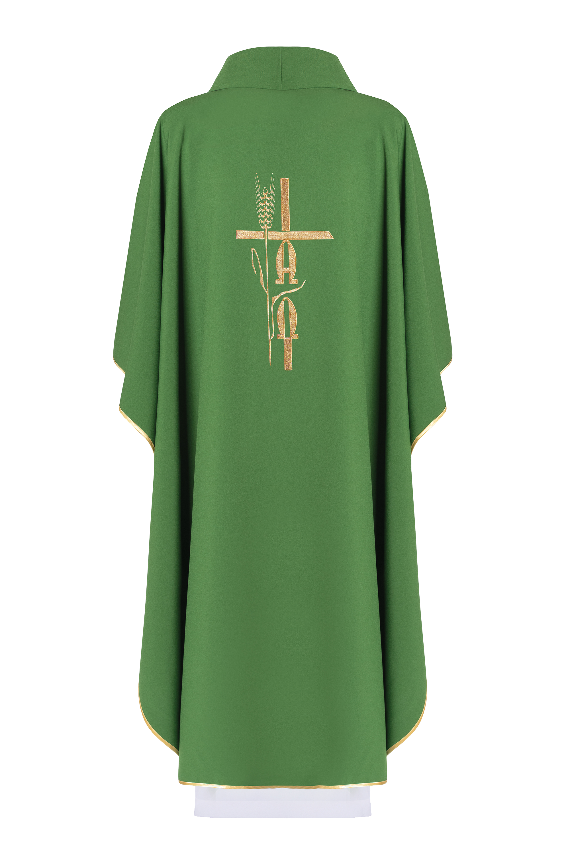 Green chasuble with Alpha Omega embroidery