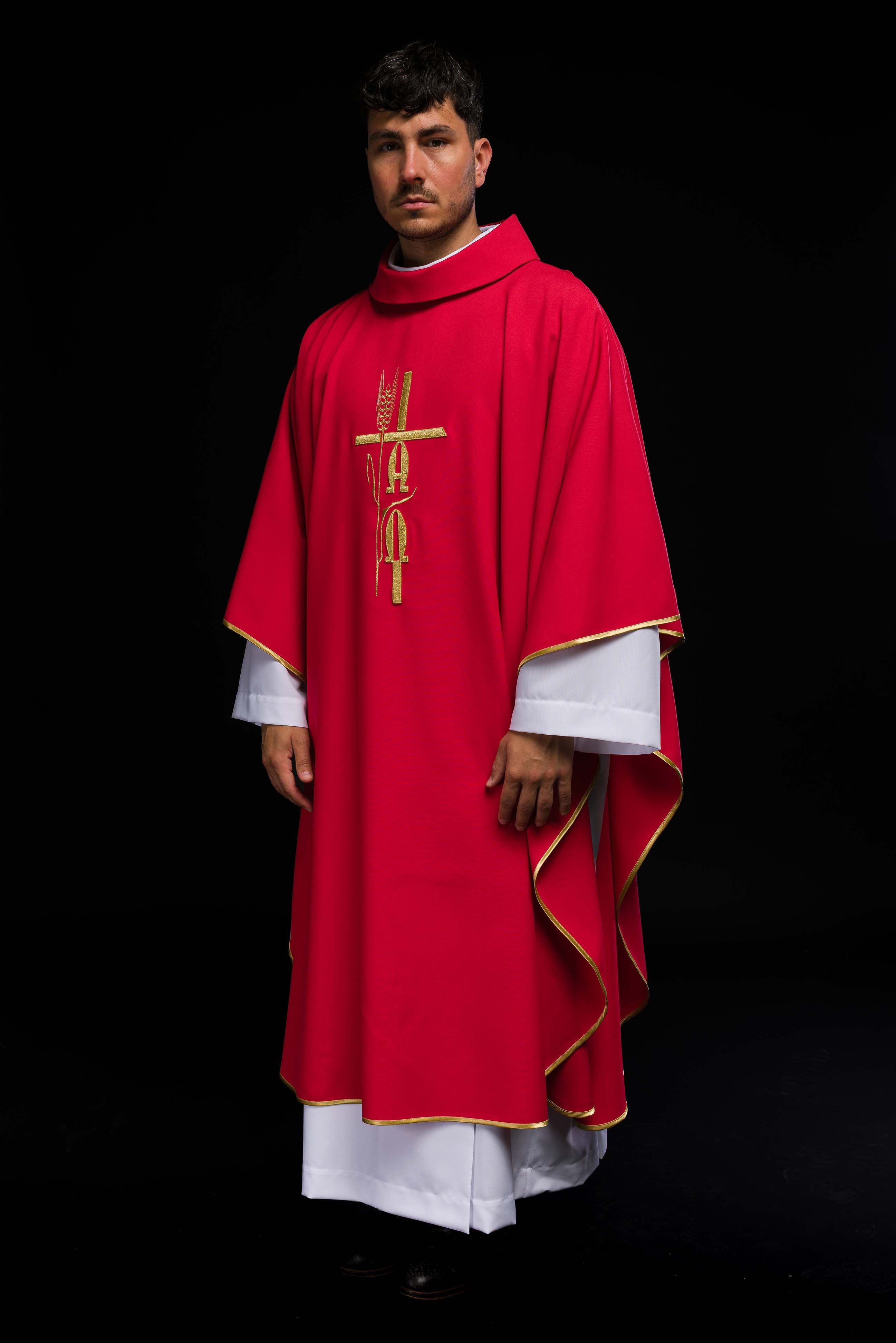 Red chasuble with Alpha Omega embroidery