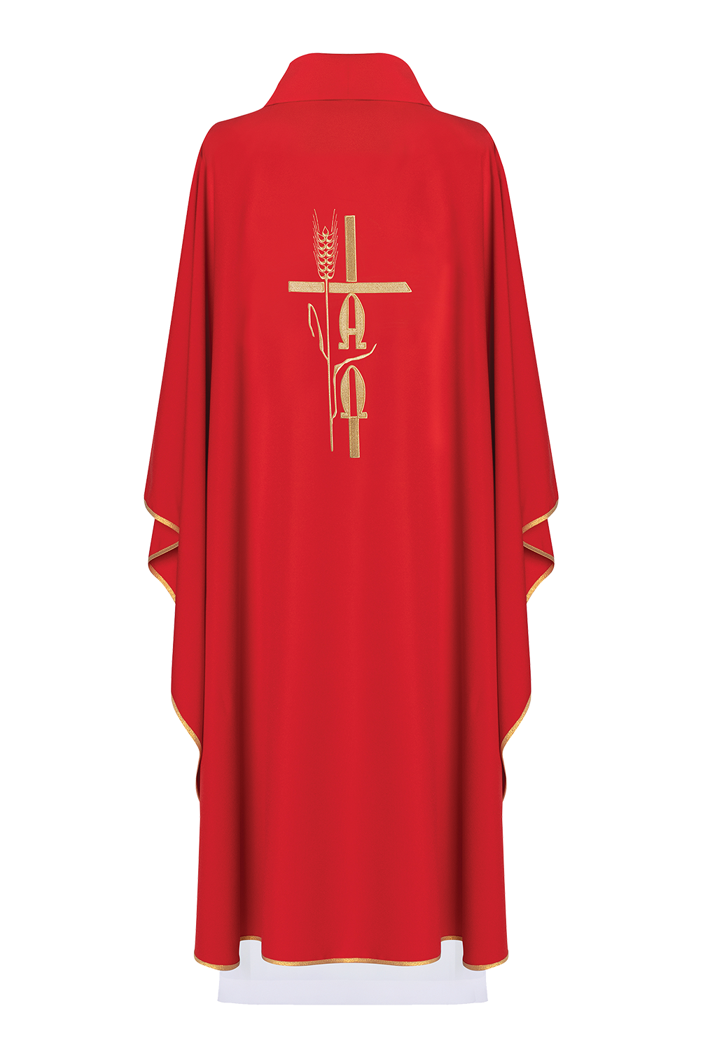 Red chasuble with Alpha Omega embroidery