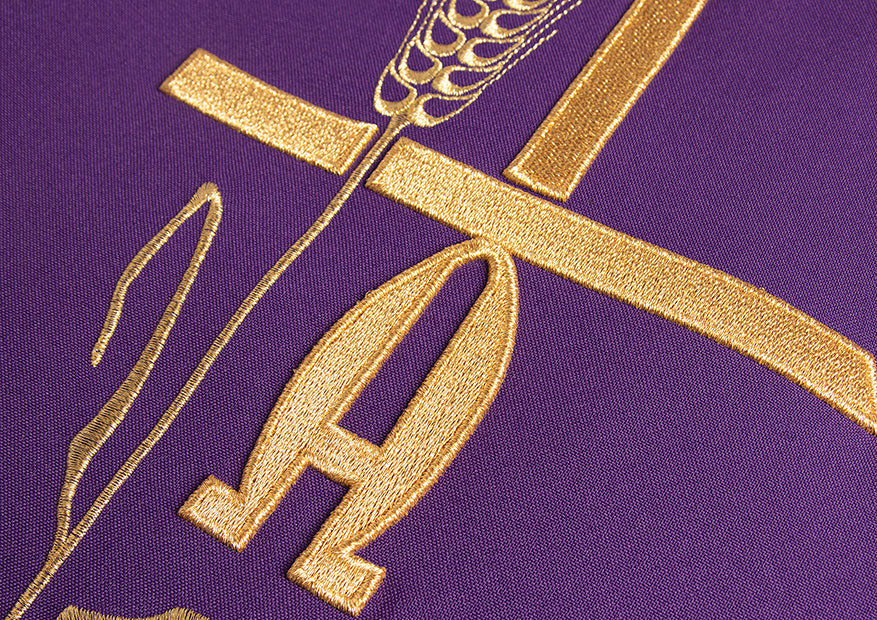 Purple chasuble with Alpha Omega embroidery