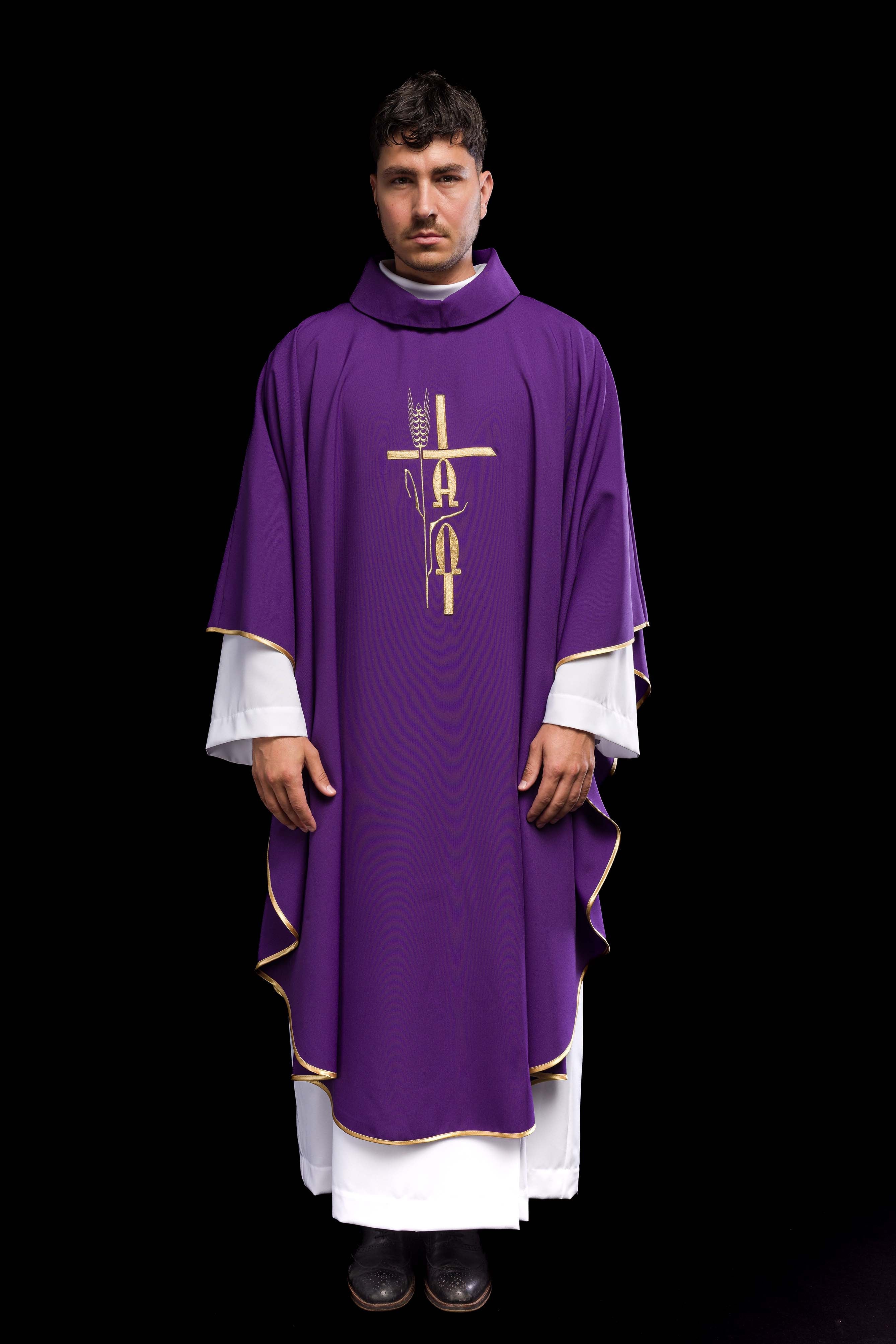 Purple chasuble with Alpha Omega embroidery