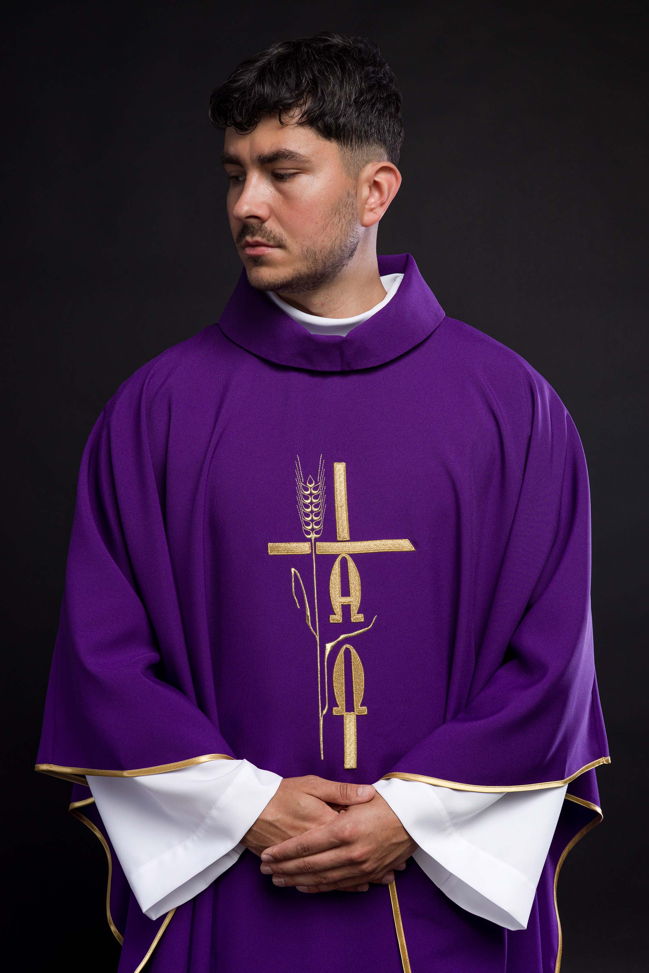 Purple chasuble with Alpha Omega embroidery