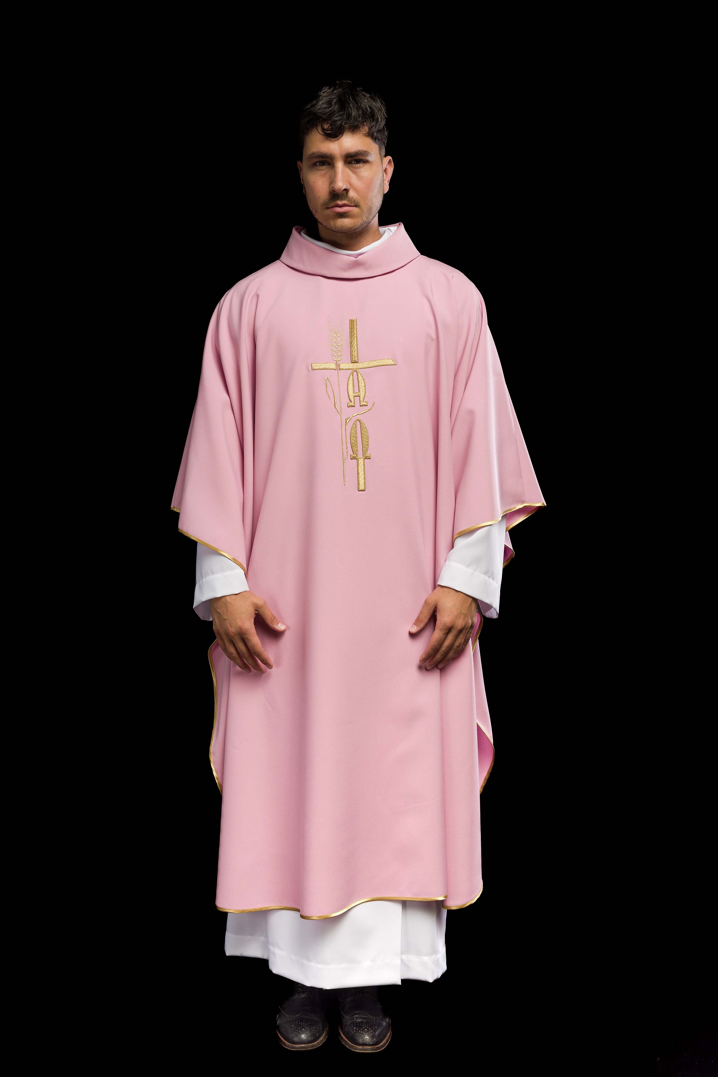 Embroidered chasuble Cross and IHS Pink