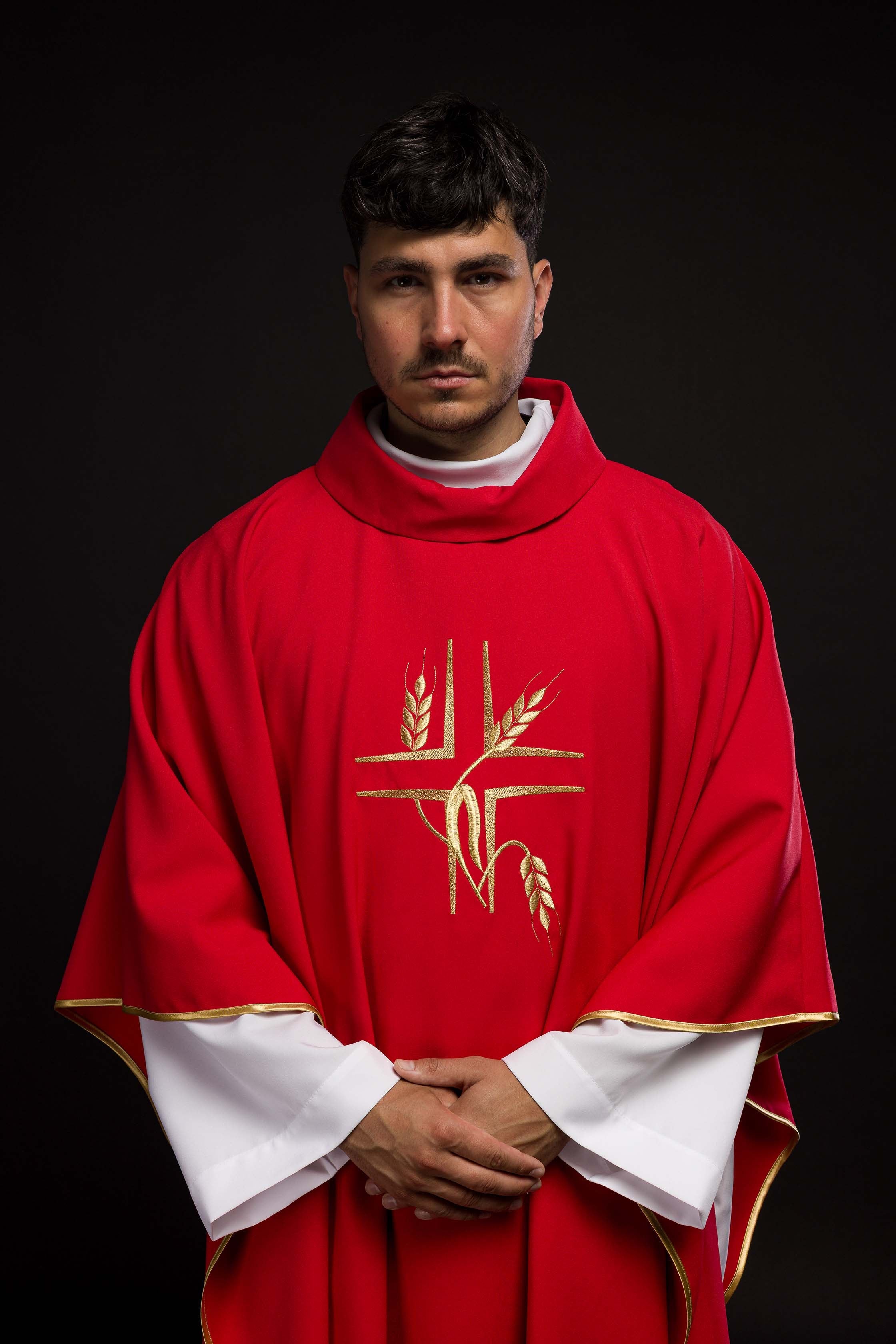 Red chasuble with embroidery of the Cross and Spikes