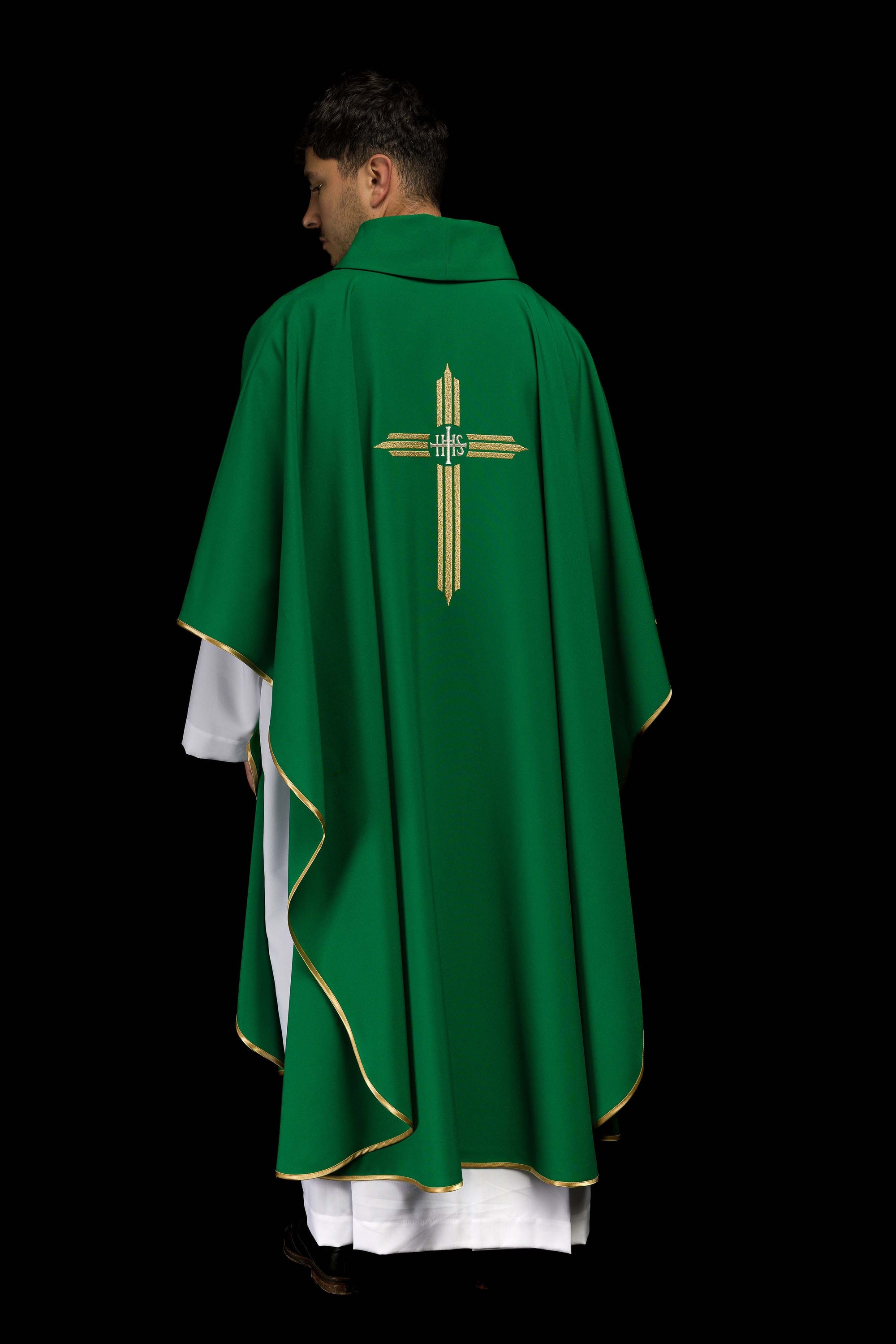 Green embroidered chasuble with IHS Cross