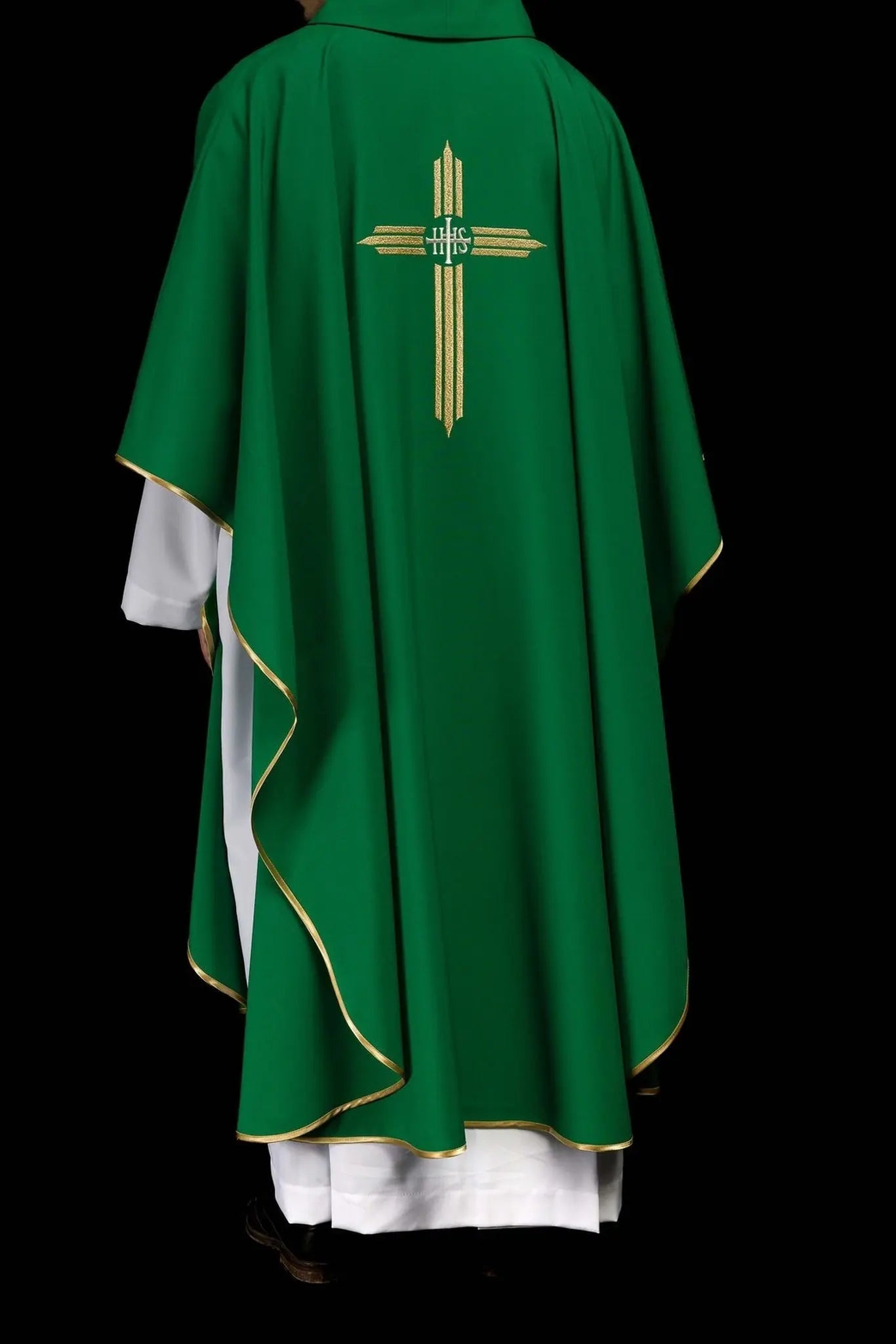 Green embroidered chasuble with IHS Cross