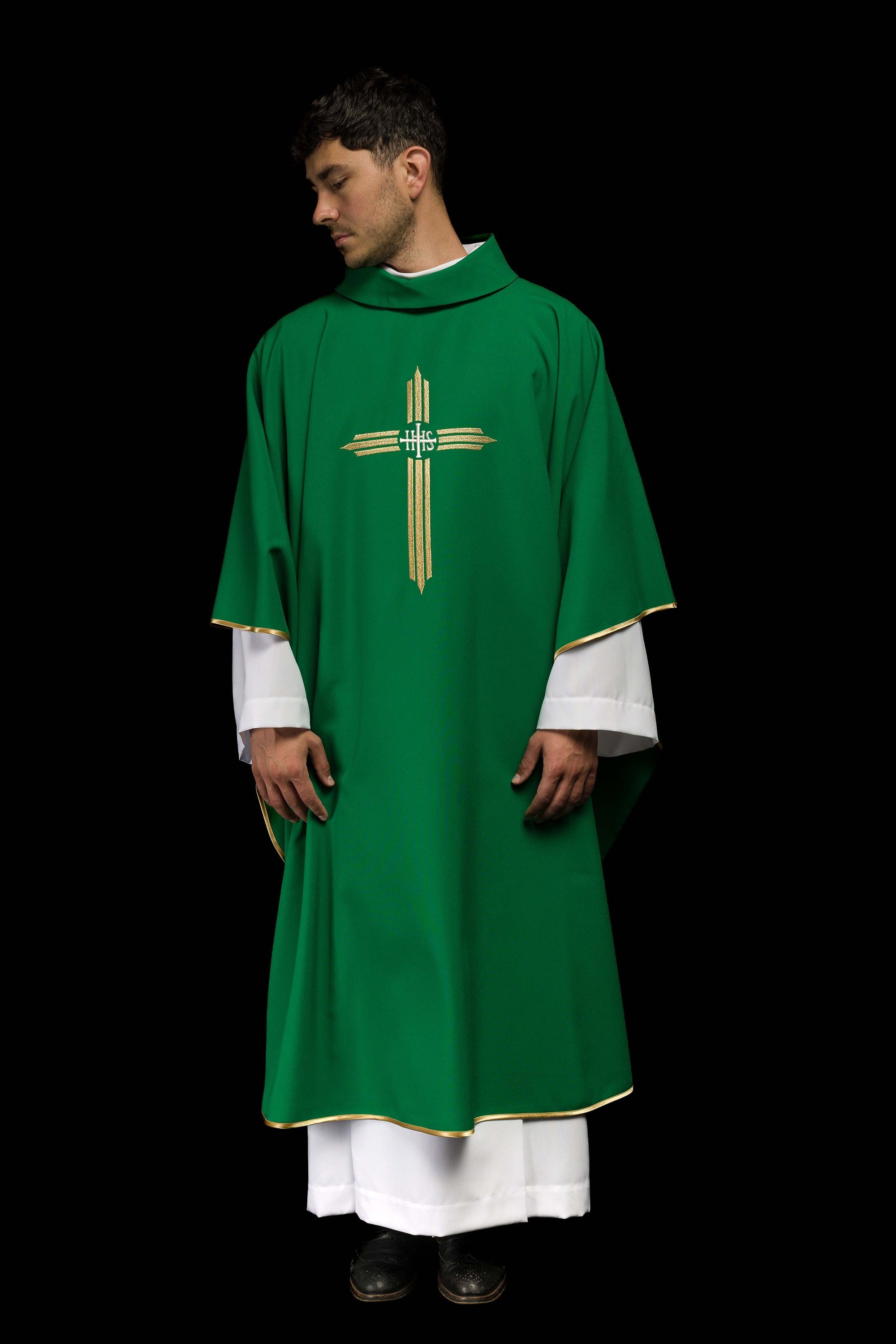 Green embroidered chasuble with IHS Cross