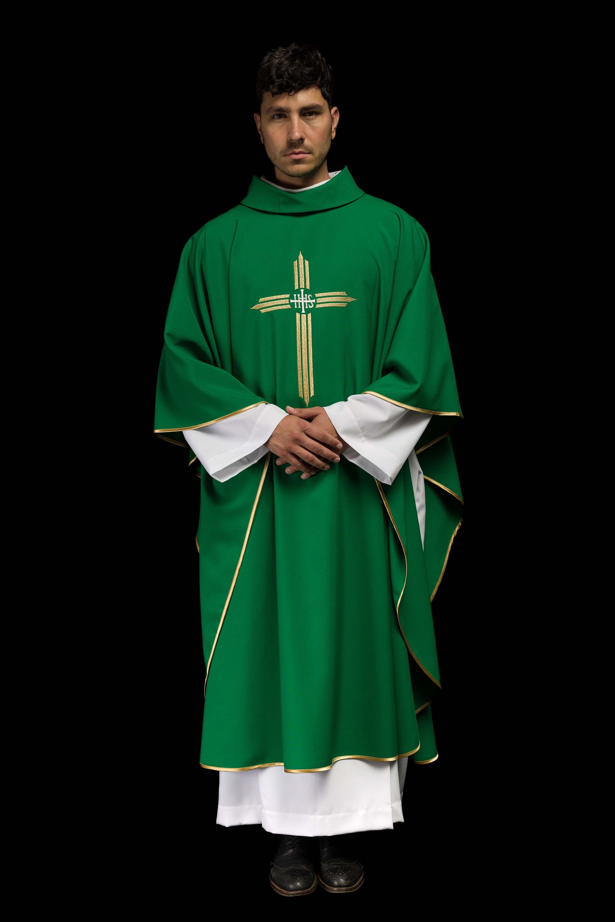 Green embroidered chasuble with IHS Cross