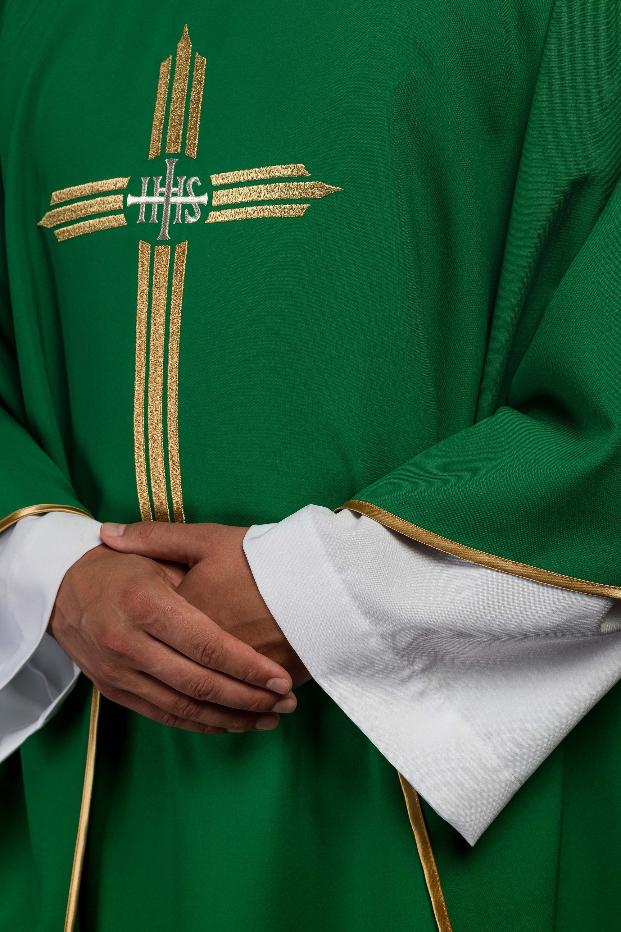 Green embroidered chasuble with IHS Cross
