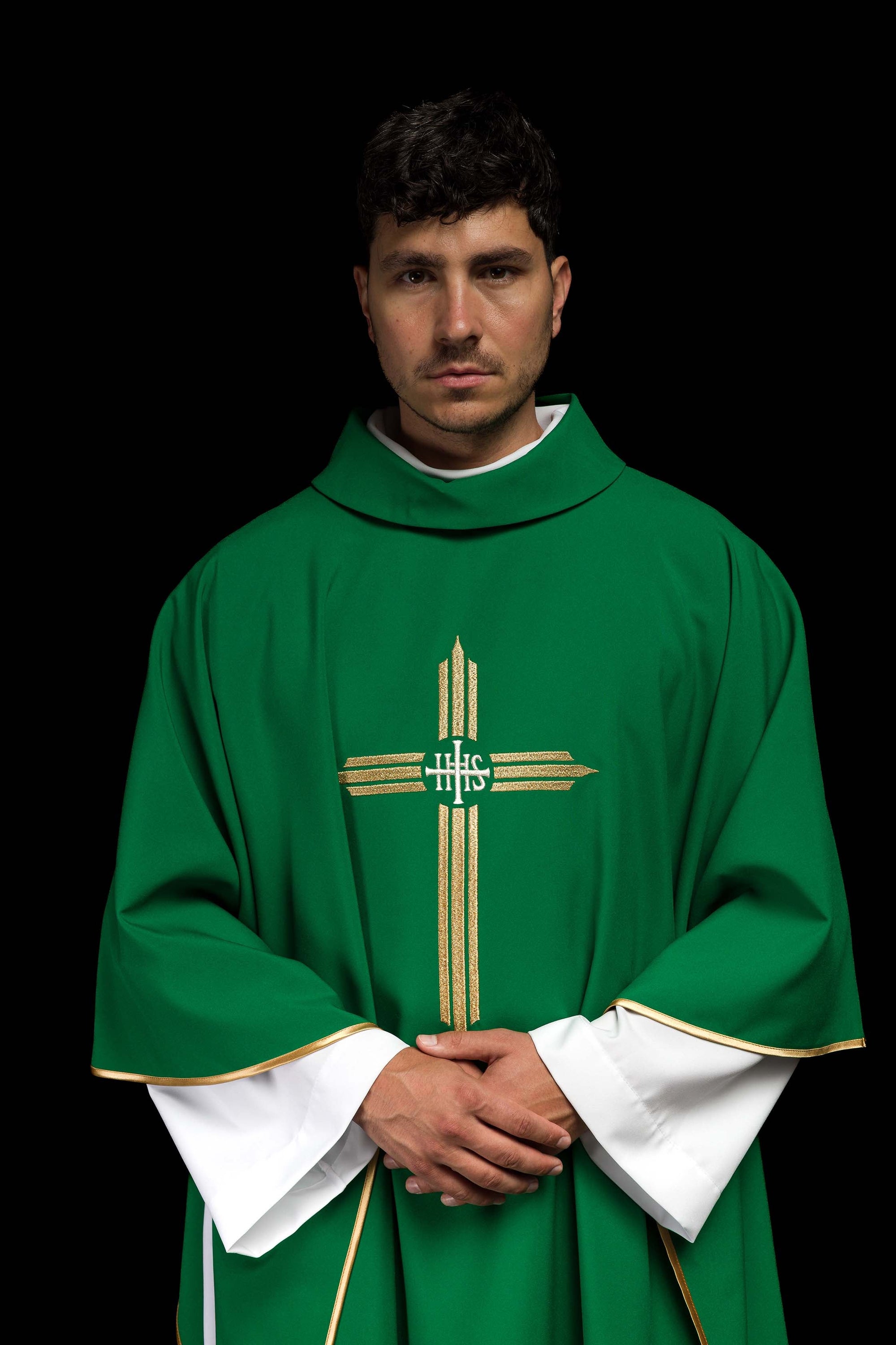 Green embroidered chasuble with IHS Cross