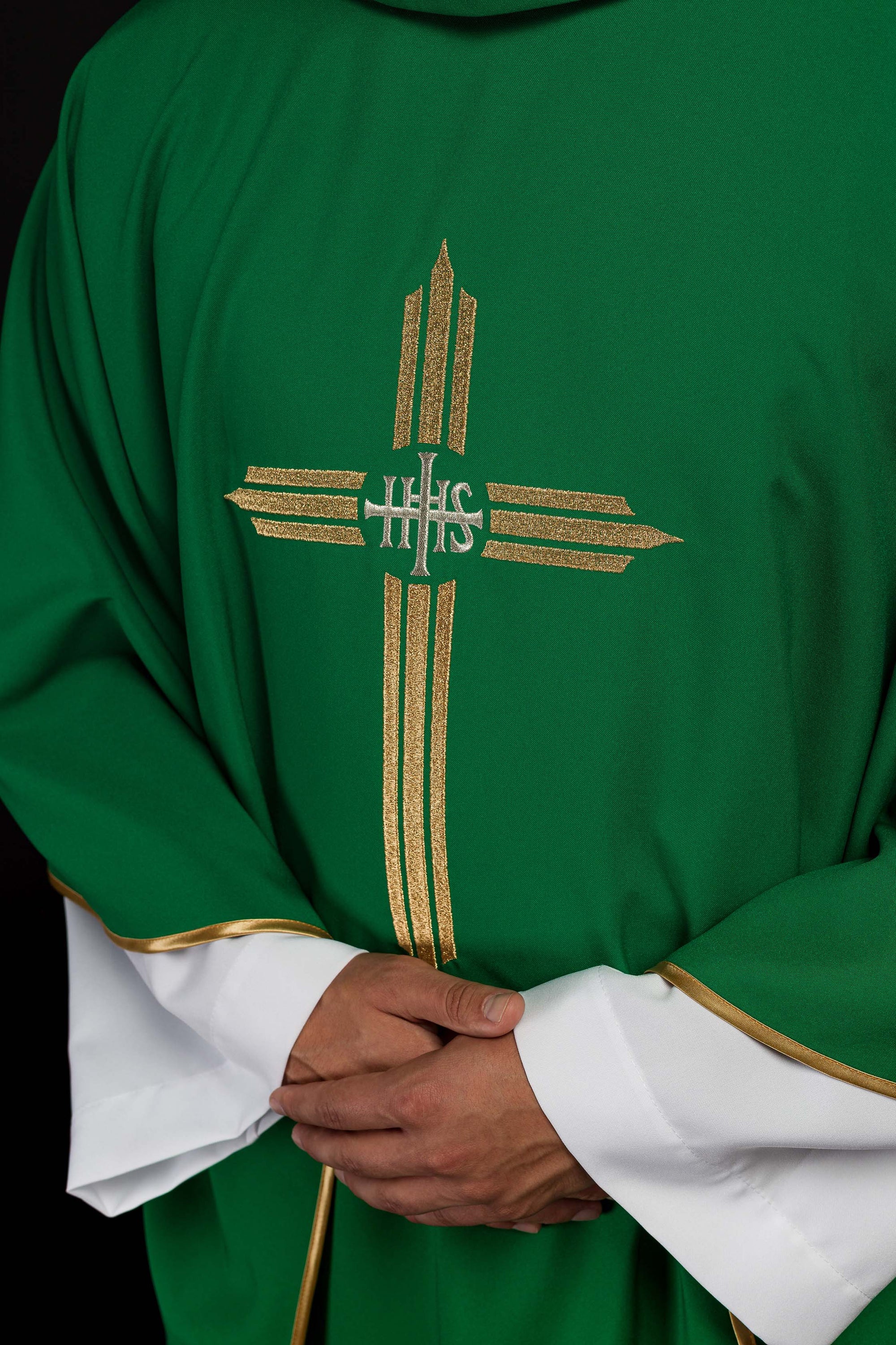 Green embroidered chasuble with IHS Cross