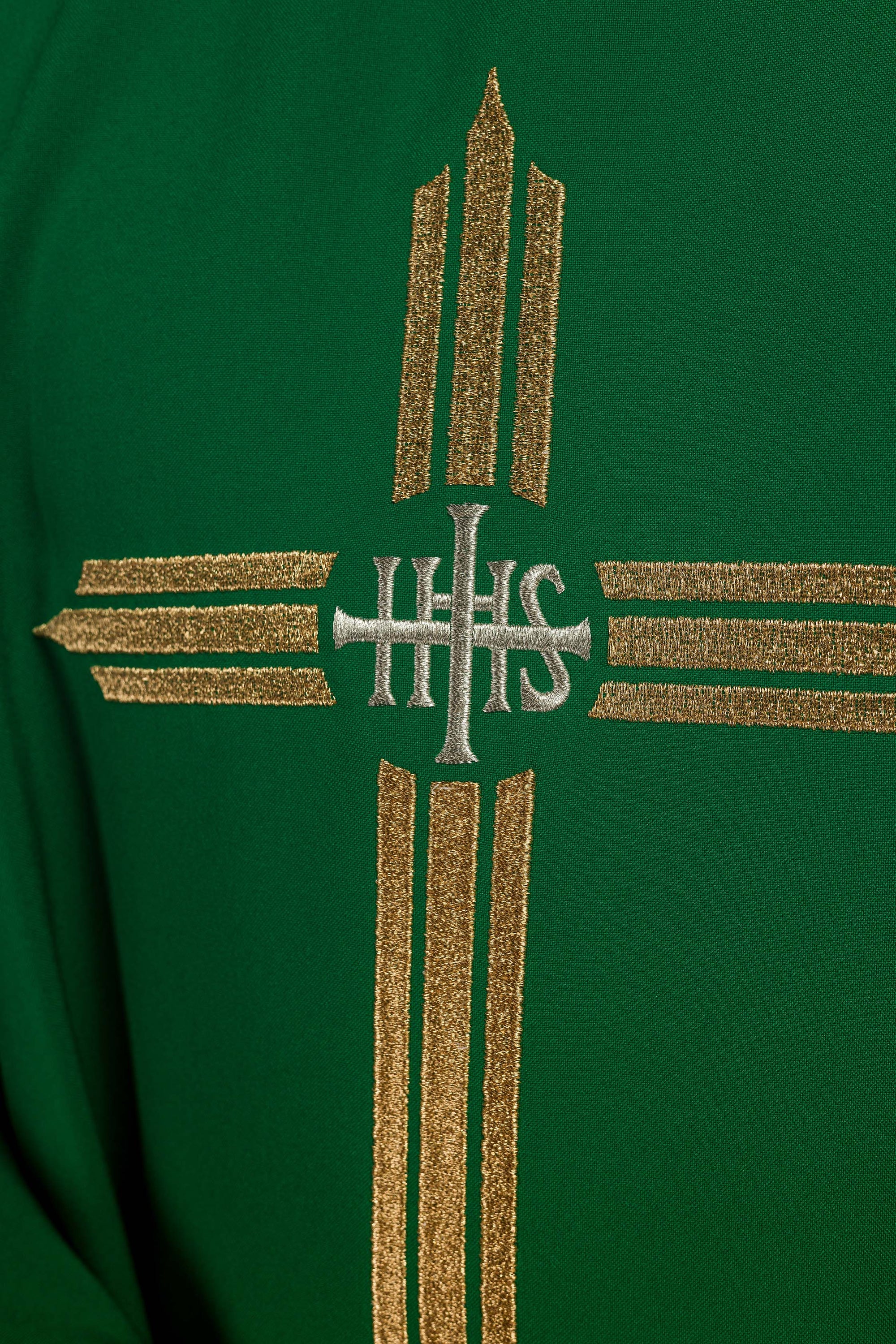 Green embroidered chasuble with IHS Cross