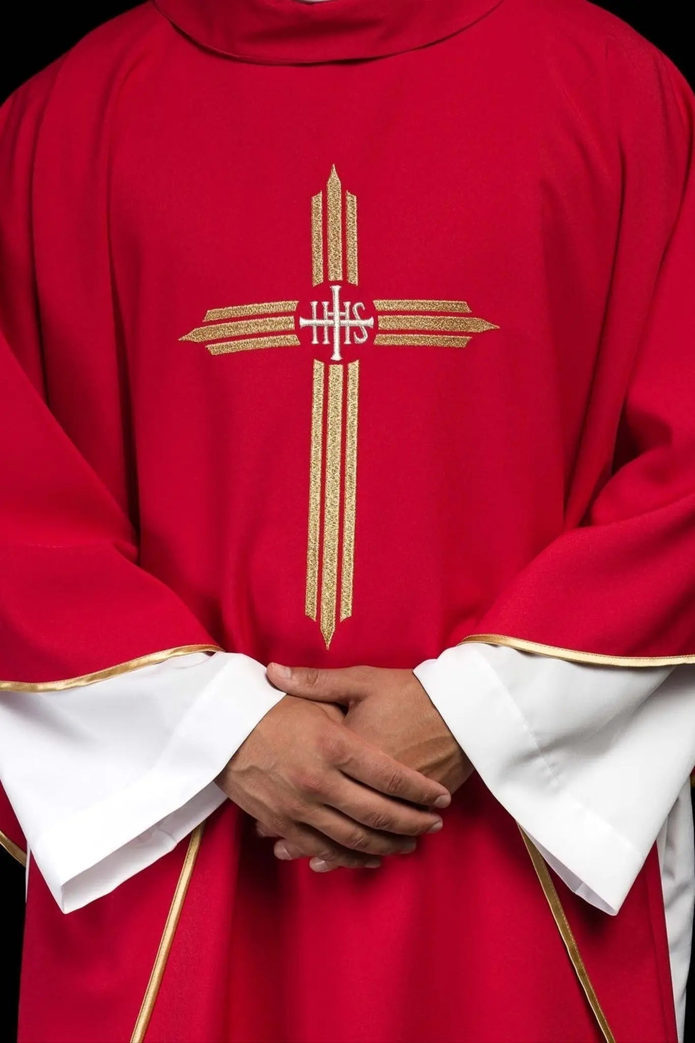 Red chasuble embroidered with IHS Cross