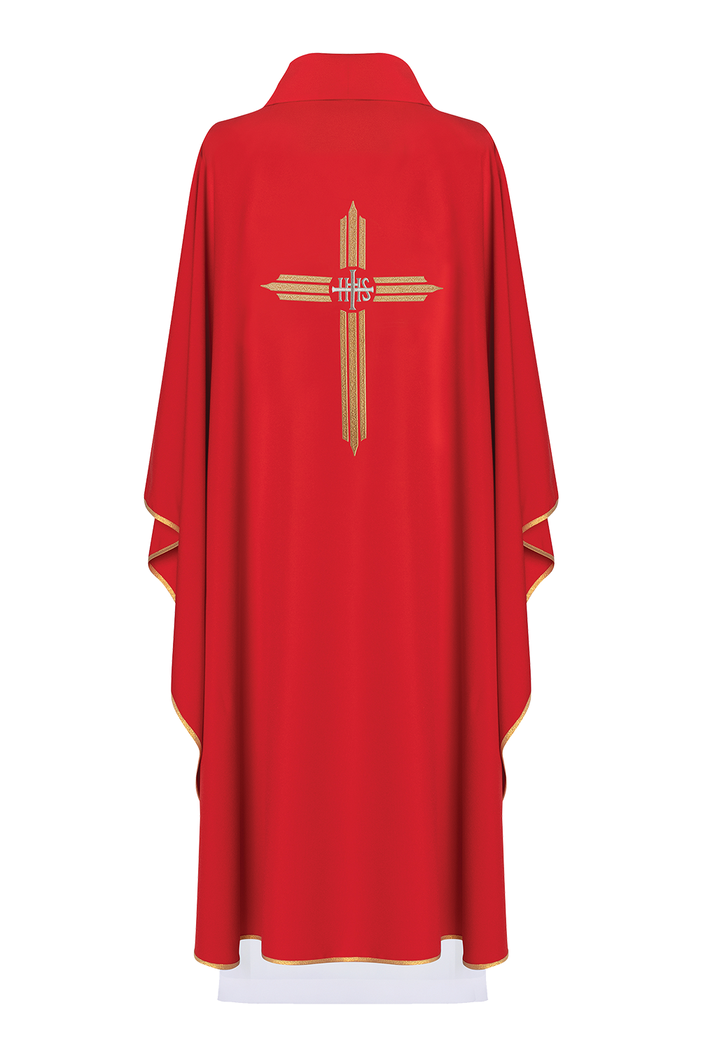 Red chasuble embroidered with IHS Cross