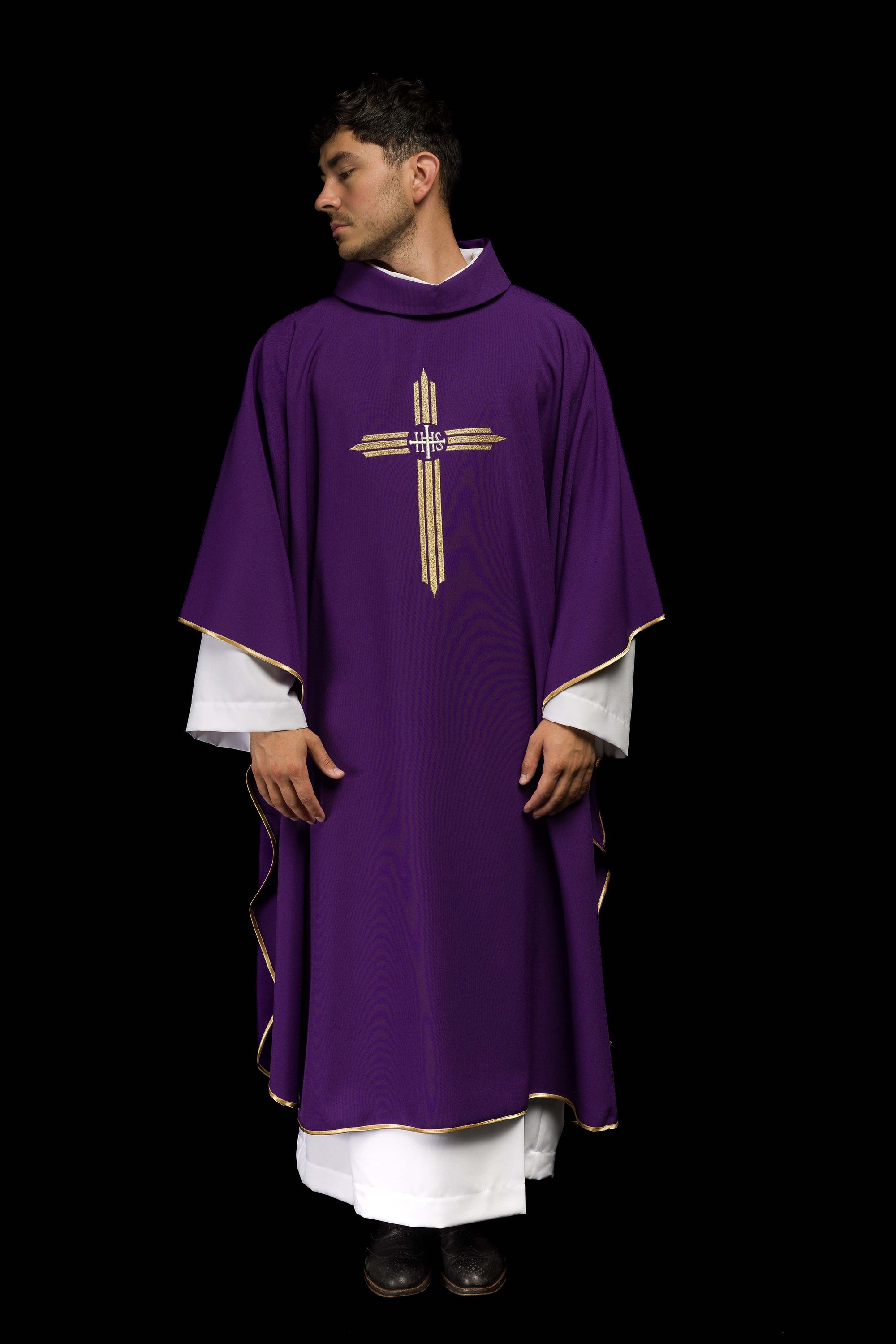 Purple embroidered chasuble with IHS Cross