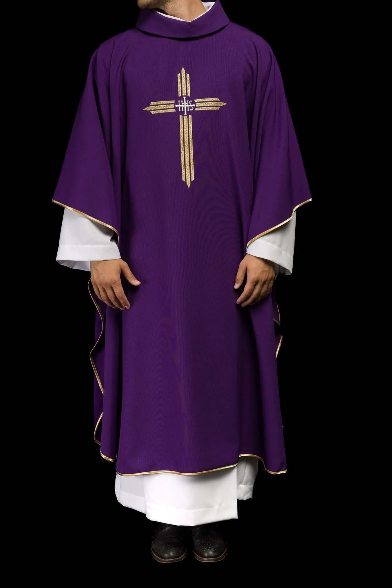Purple embroidered chasuble with IHS Cross