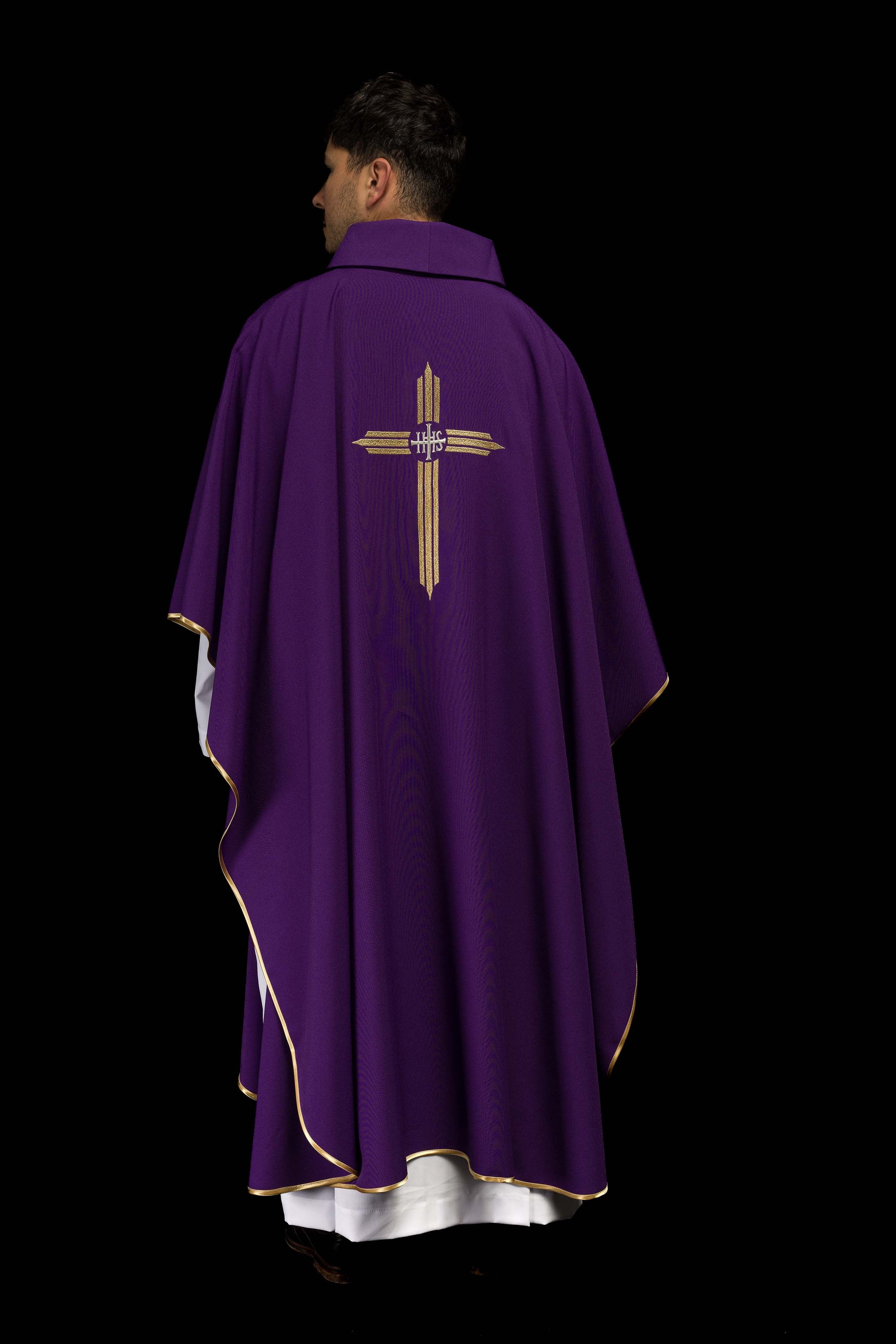 Purple embroidered chasuble with IHS Cross