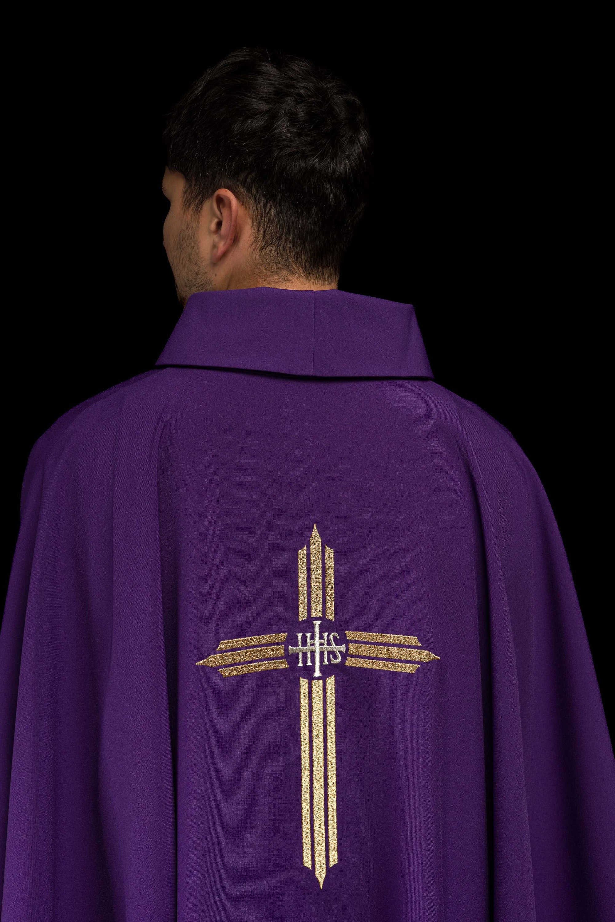 Purple embroidered chasuble with IHS Cross