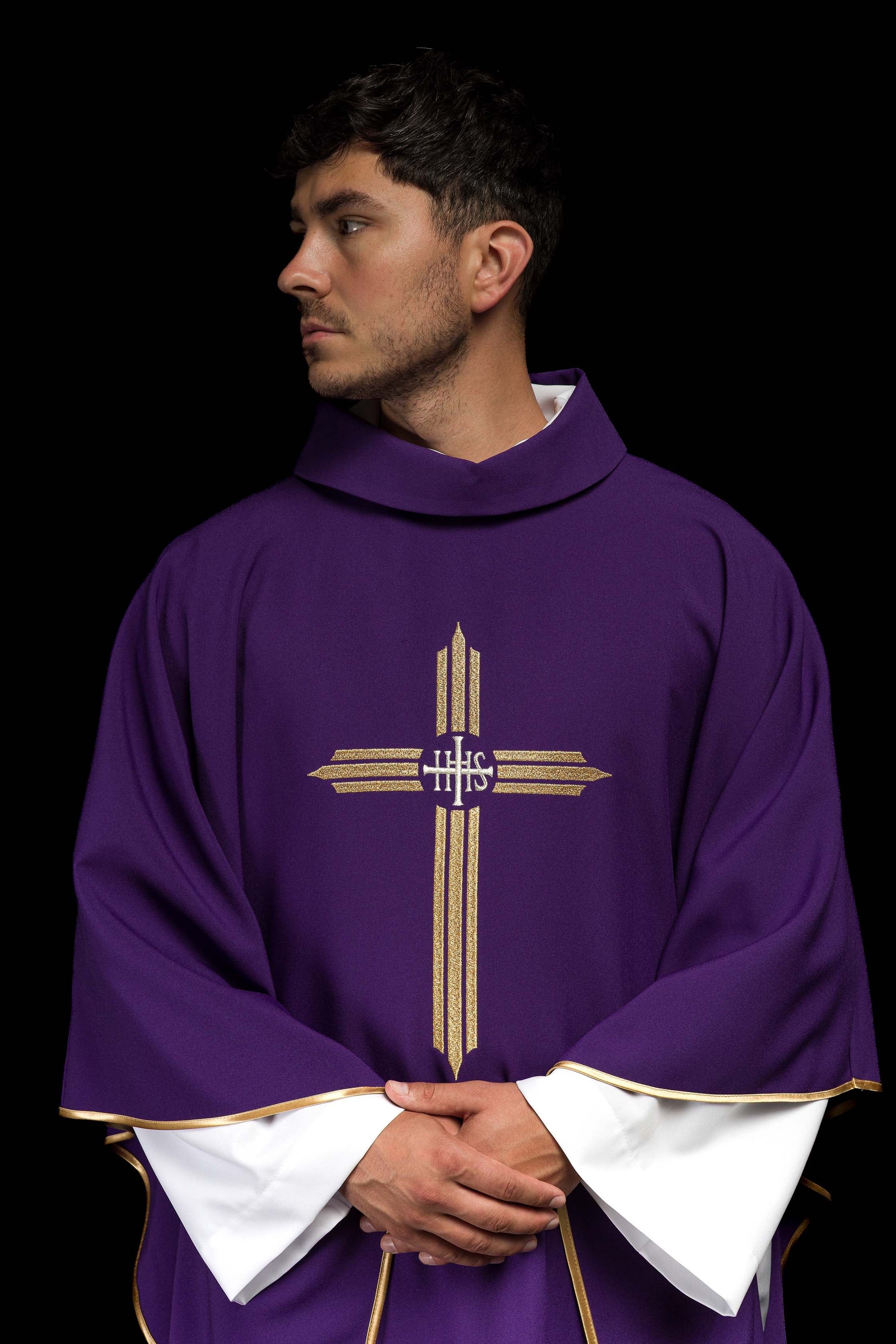 Purple embroidered chasuble with IHS Cross