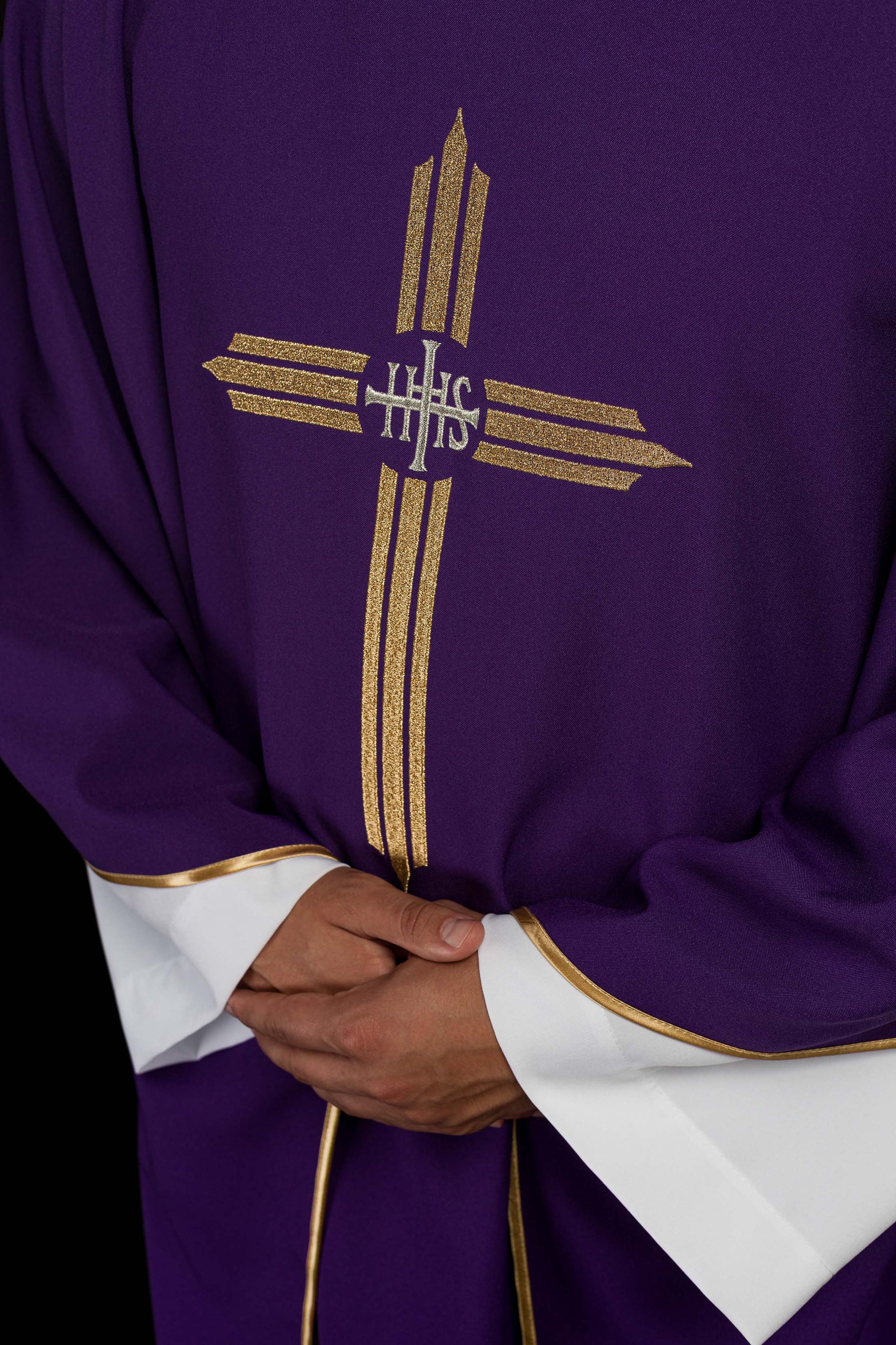 Purple embroidered chasuble with IHS Cross