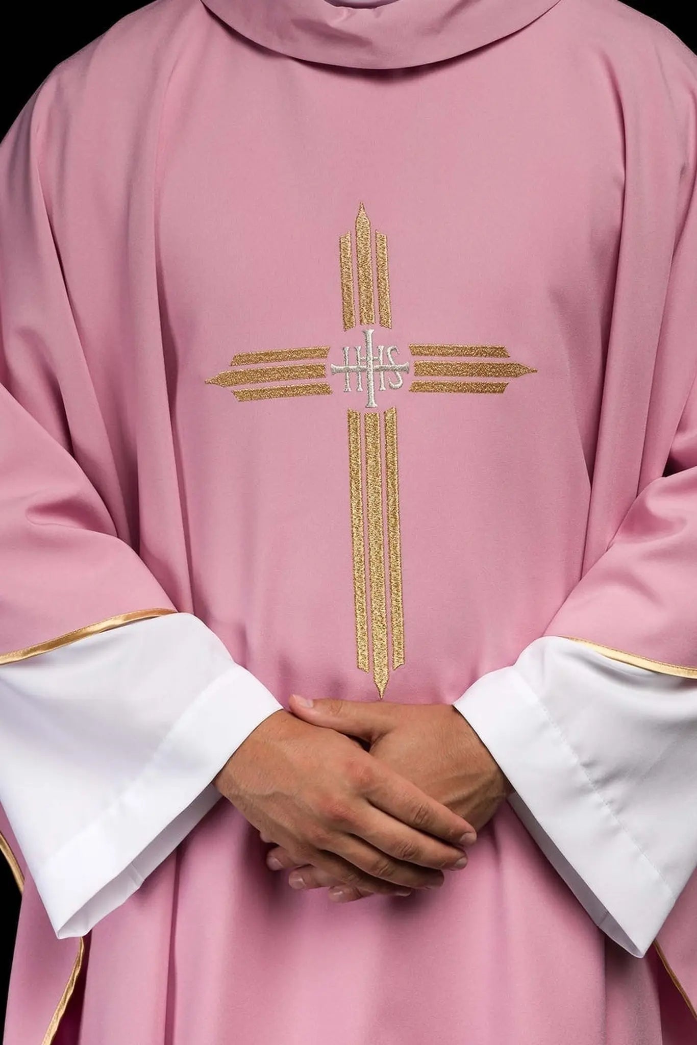 Pink chasuble with gold IHS embroidery