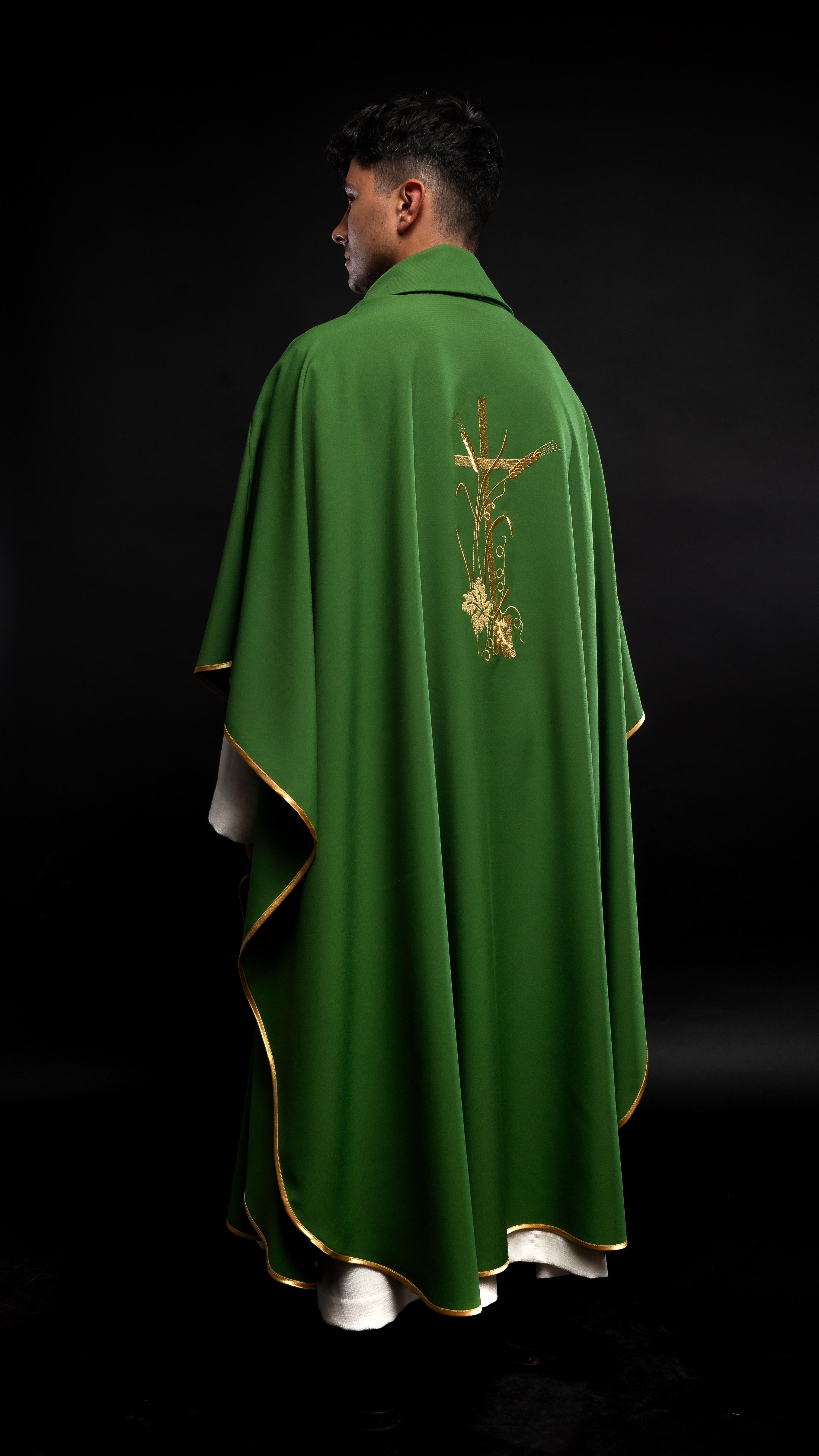 Green chasuble with gold cross embroidery