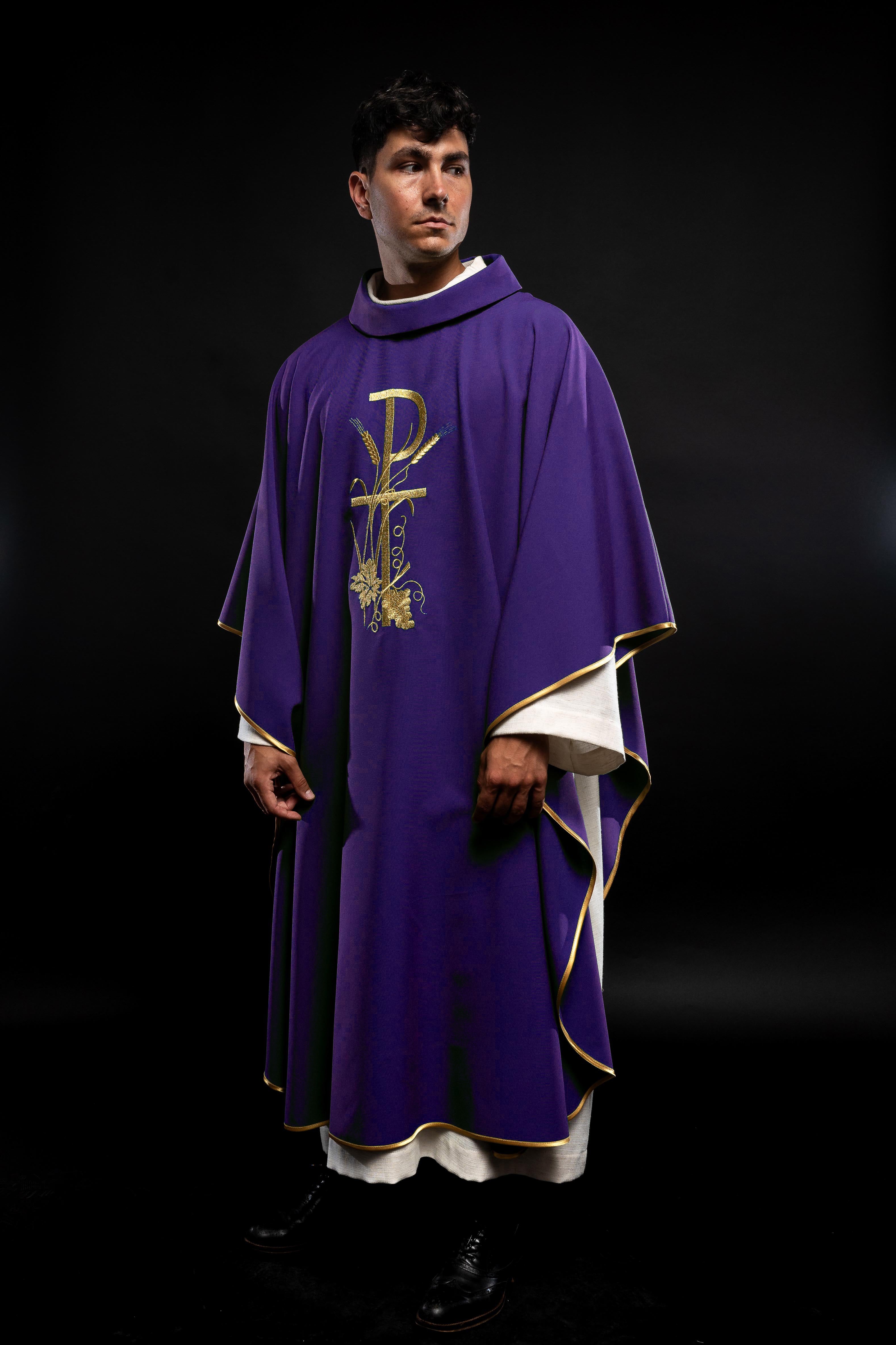 Purple chasuble with gold cross embroidery