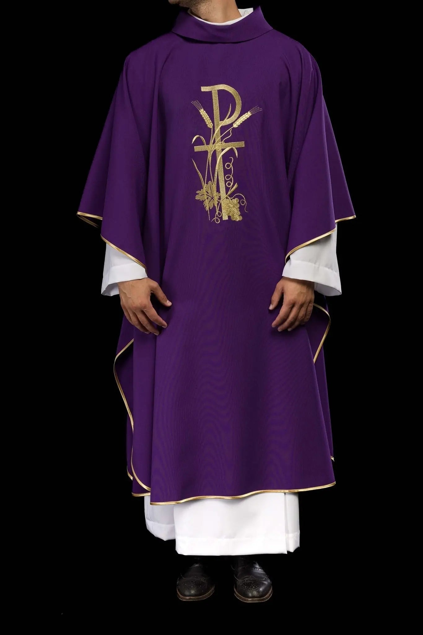 Purple chasuble with gold cross embroidery