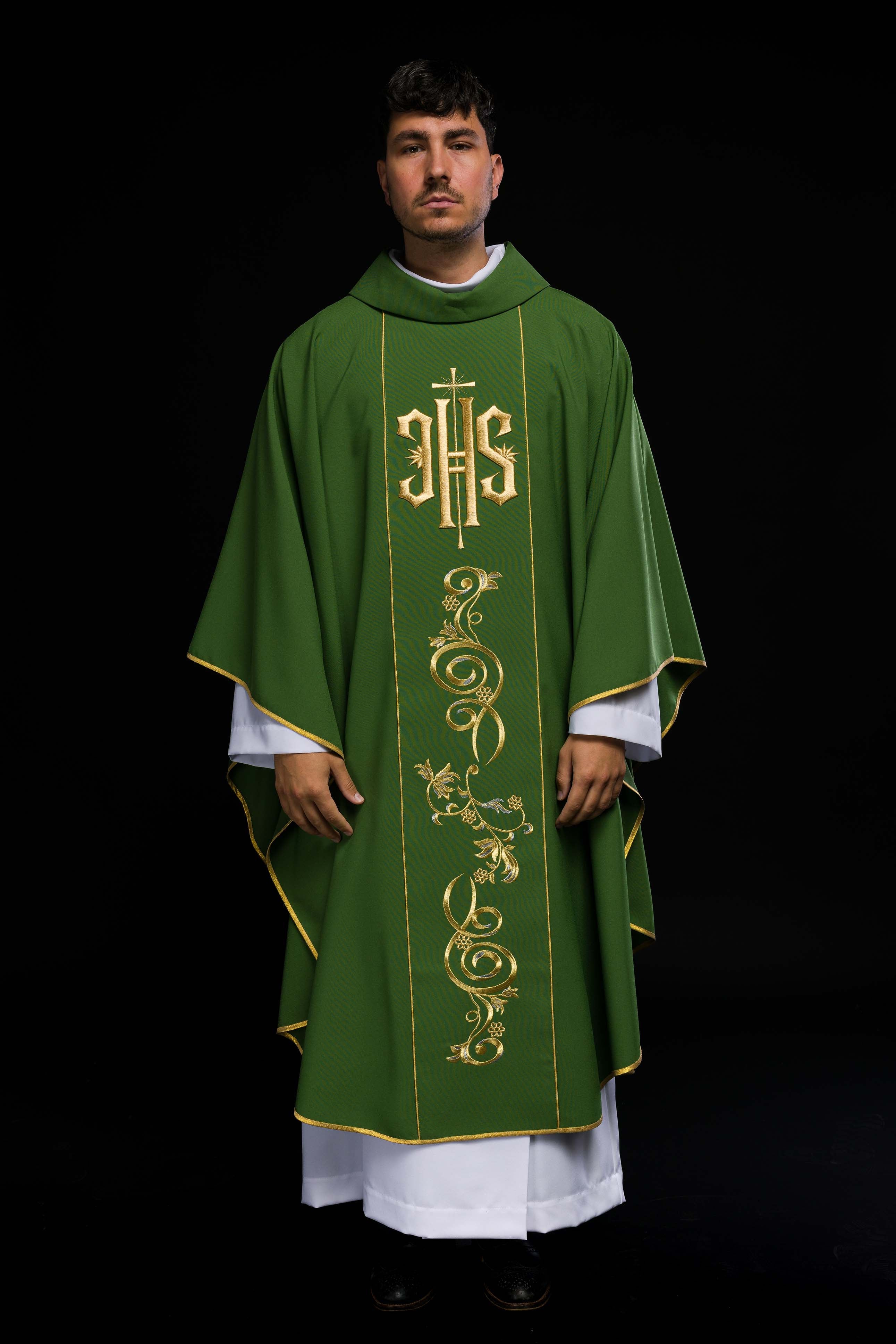 Richly decorated green chasuble with gold motif and wide IHS band