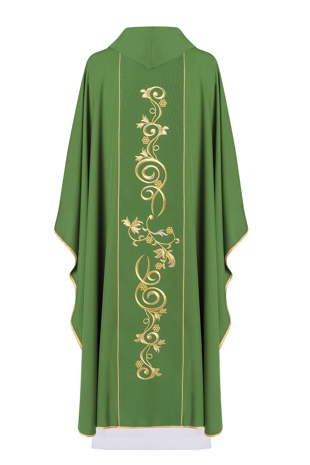 Richly decorated green chasuble with gold motif and wide IHS band