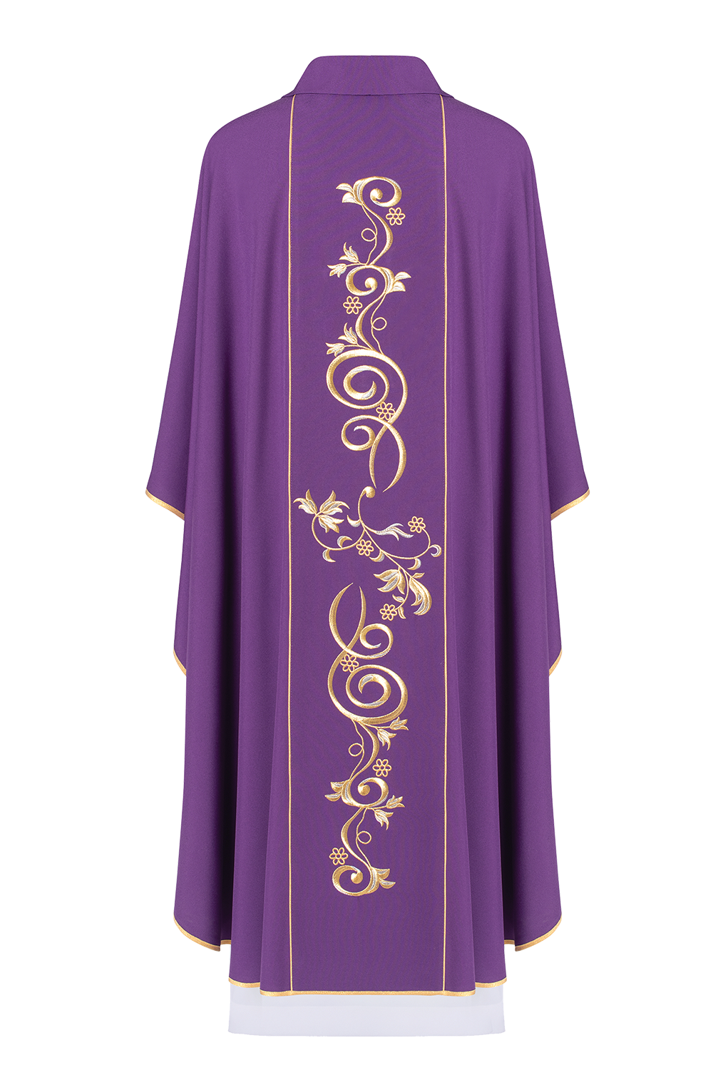 Richly decorated purple chasuble with gold motif and wide IHS band